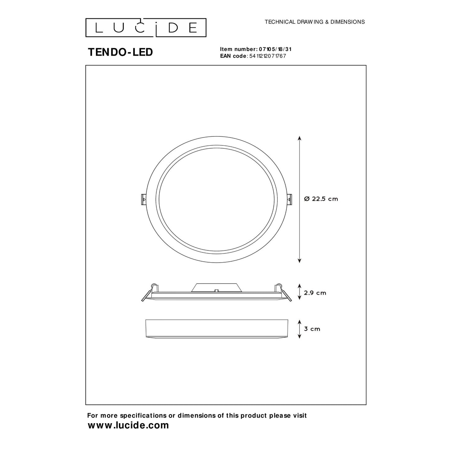 Lucide TENDO-LED - Flush ceiling light - Ø 22 cm - LED - 1x18W 3000K - White