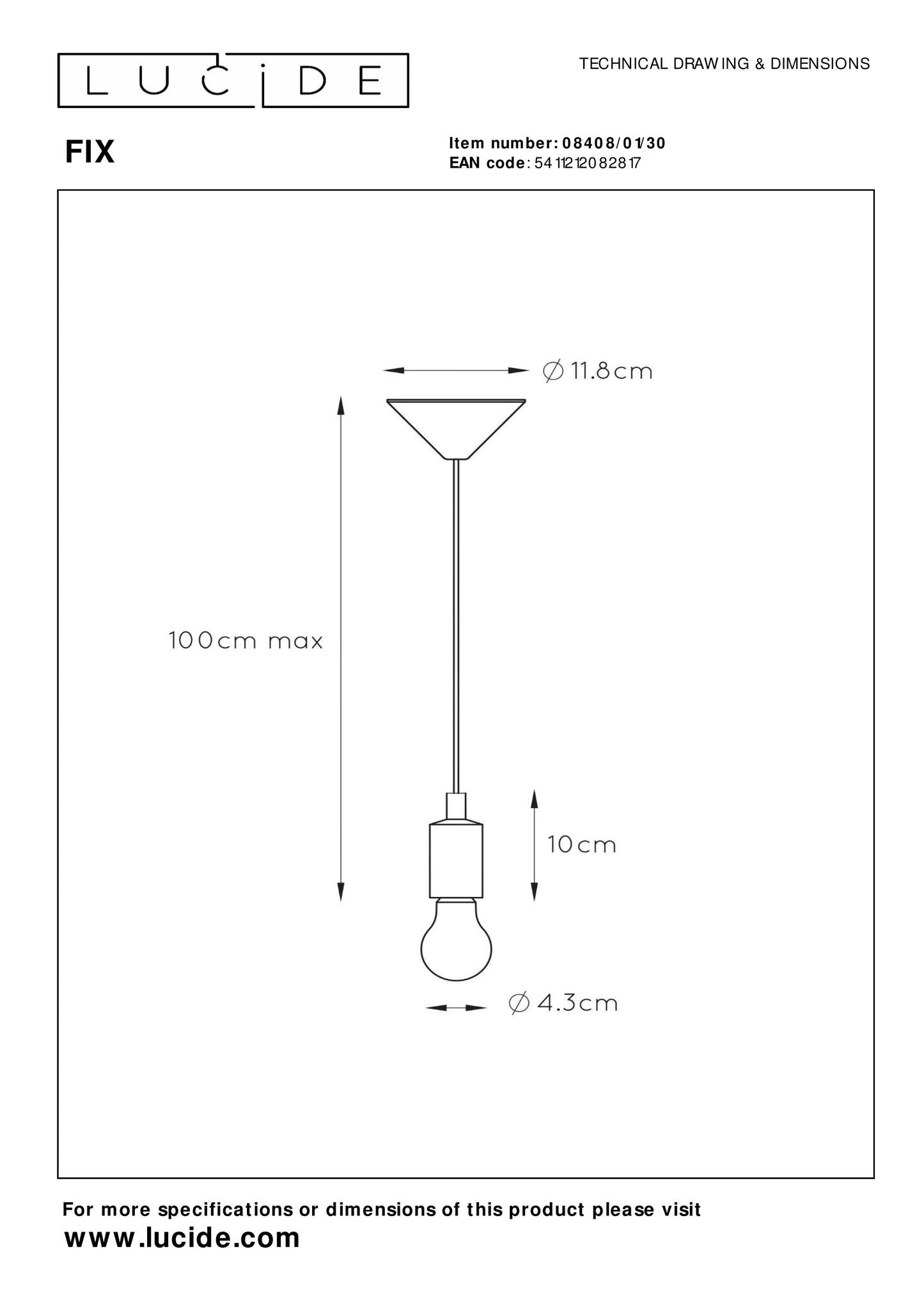 Lucide FIX - Pendant light - Ø 10 cm - 1xE27 - Black