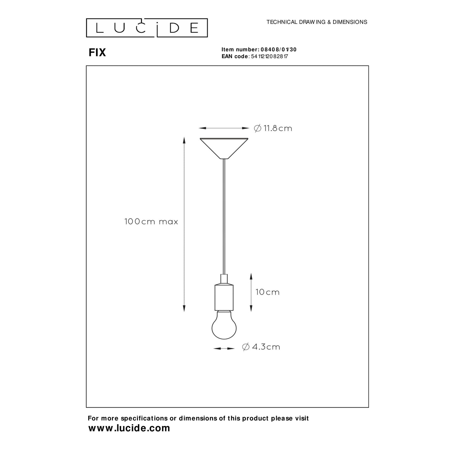 Lucide FIX - Pendant light - Ø 10 cm - 1xE27 - Black