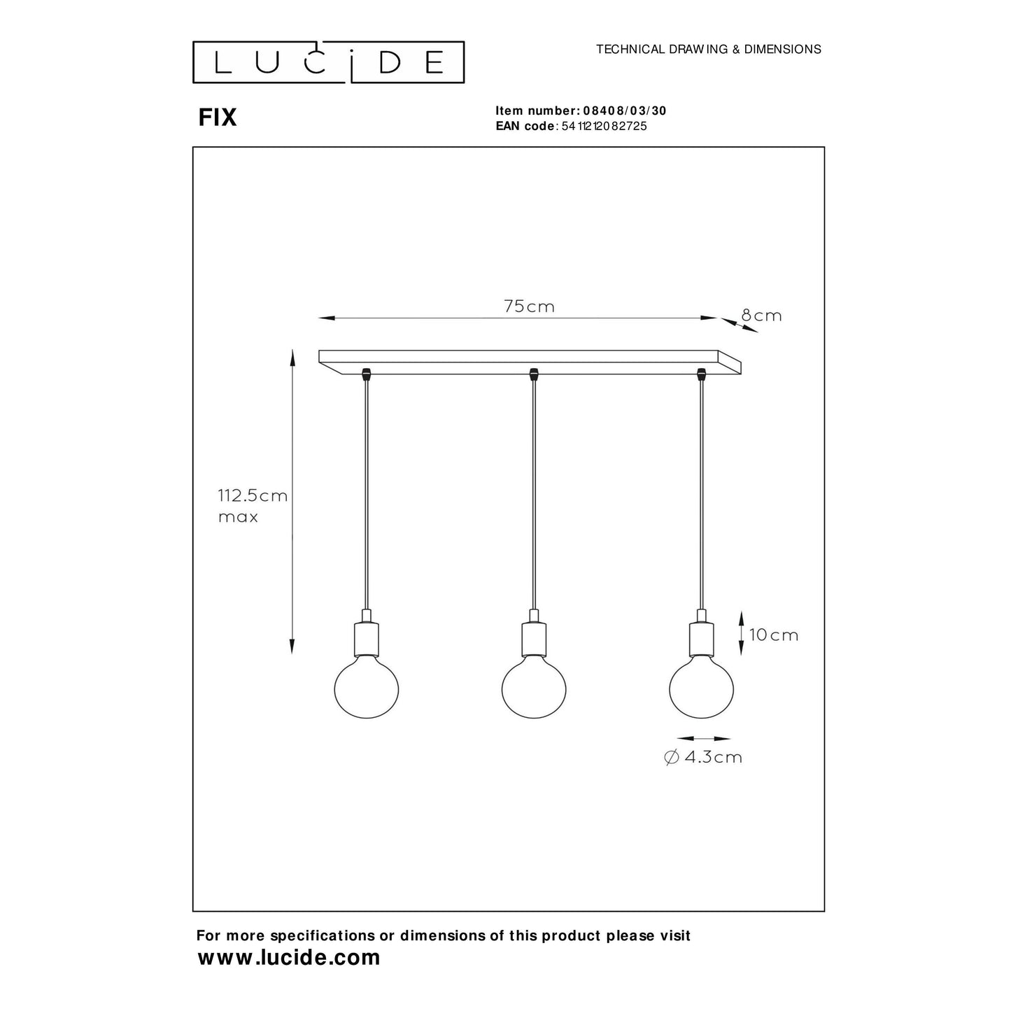 Lucide FIX - Pendant light - 3xE27 - Black