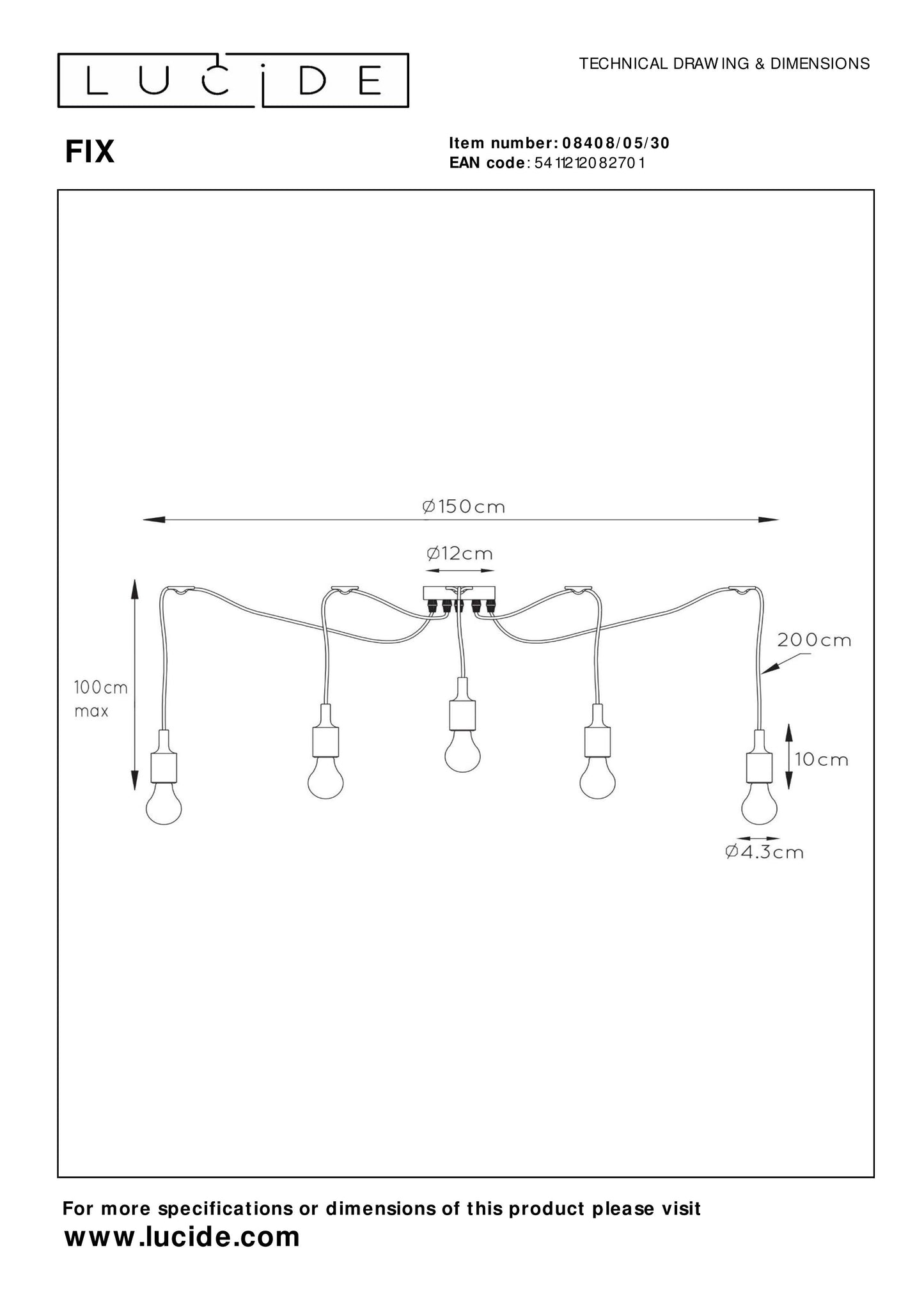 Lucide FIX - Pendant light - 5xE27 - Black