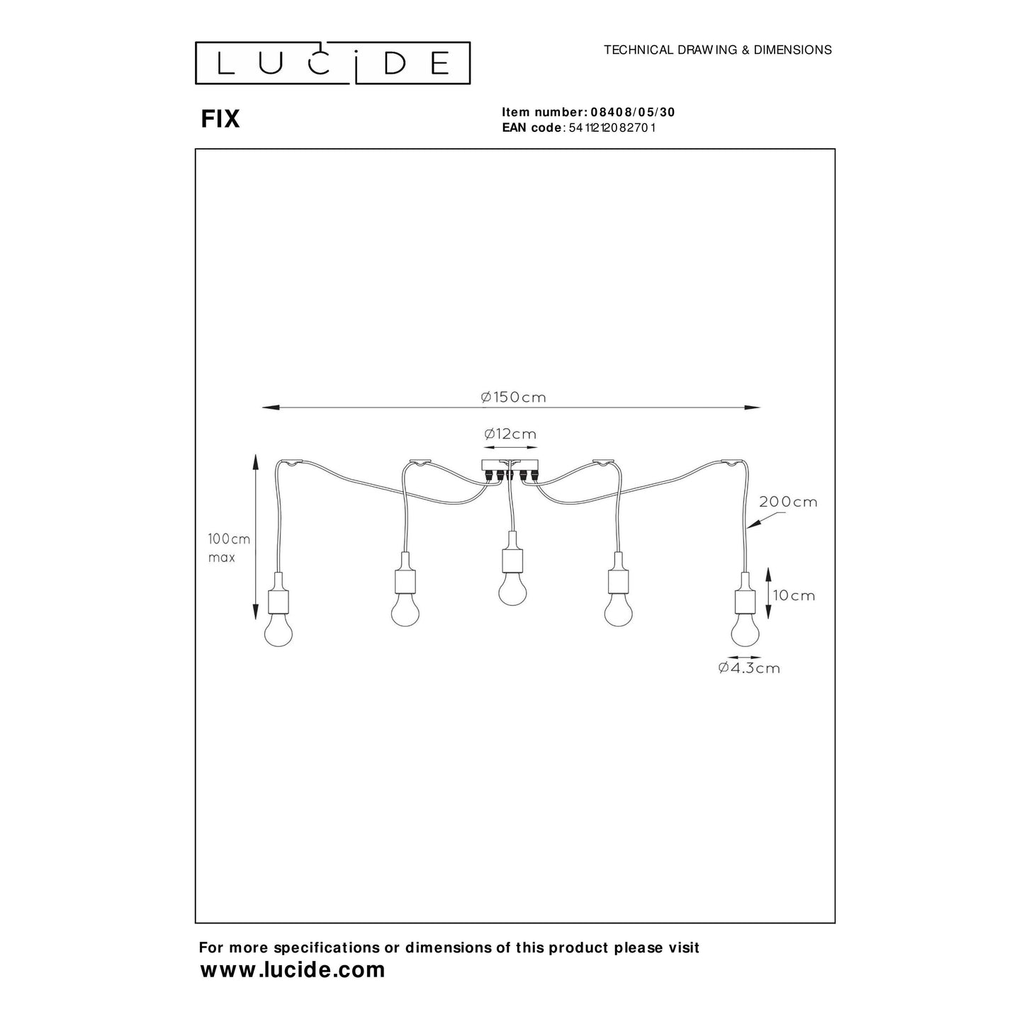 Lucide FIX - Pendant light - 5xE27 - Black