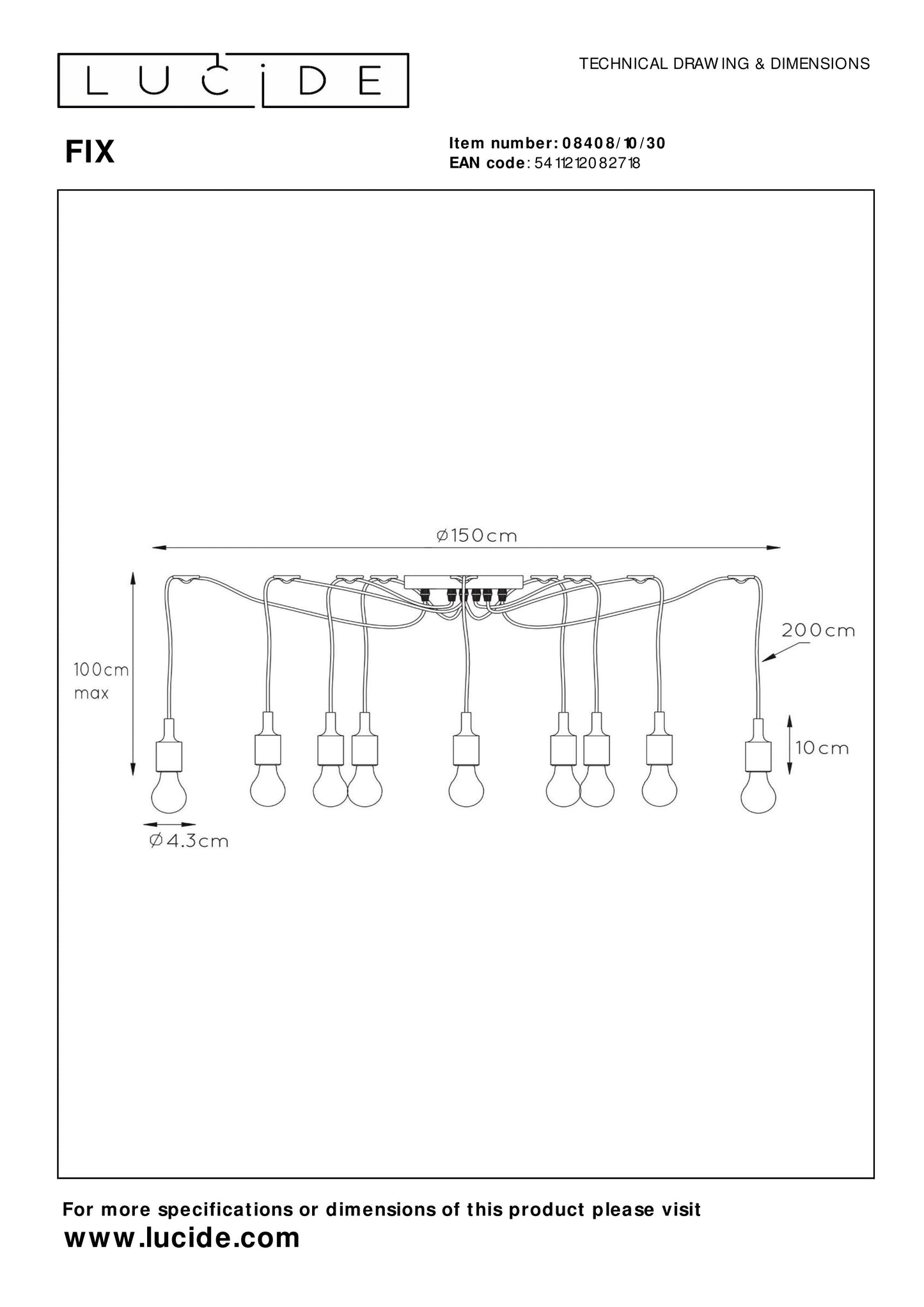 Lucide FIX - Pendant light - 10xE27 - Black