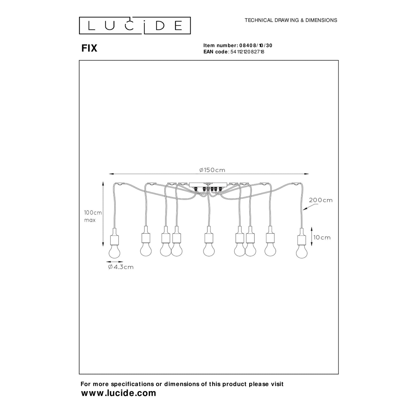 Lucide FIX - Pendant light - 10xE27 - Black