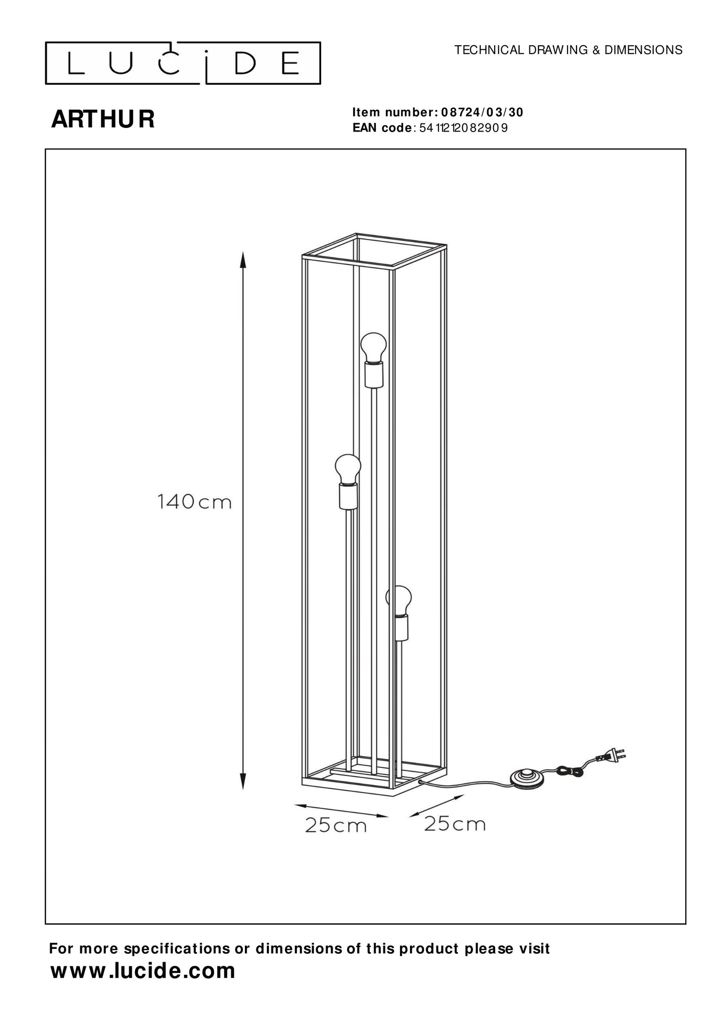 Lucide ARTHUR - Floor lamp - 3xE27 - Black