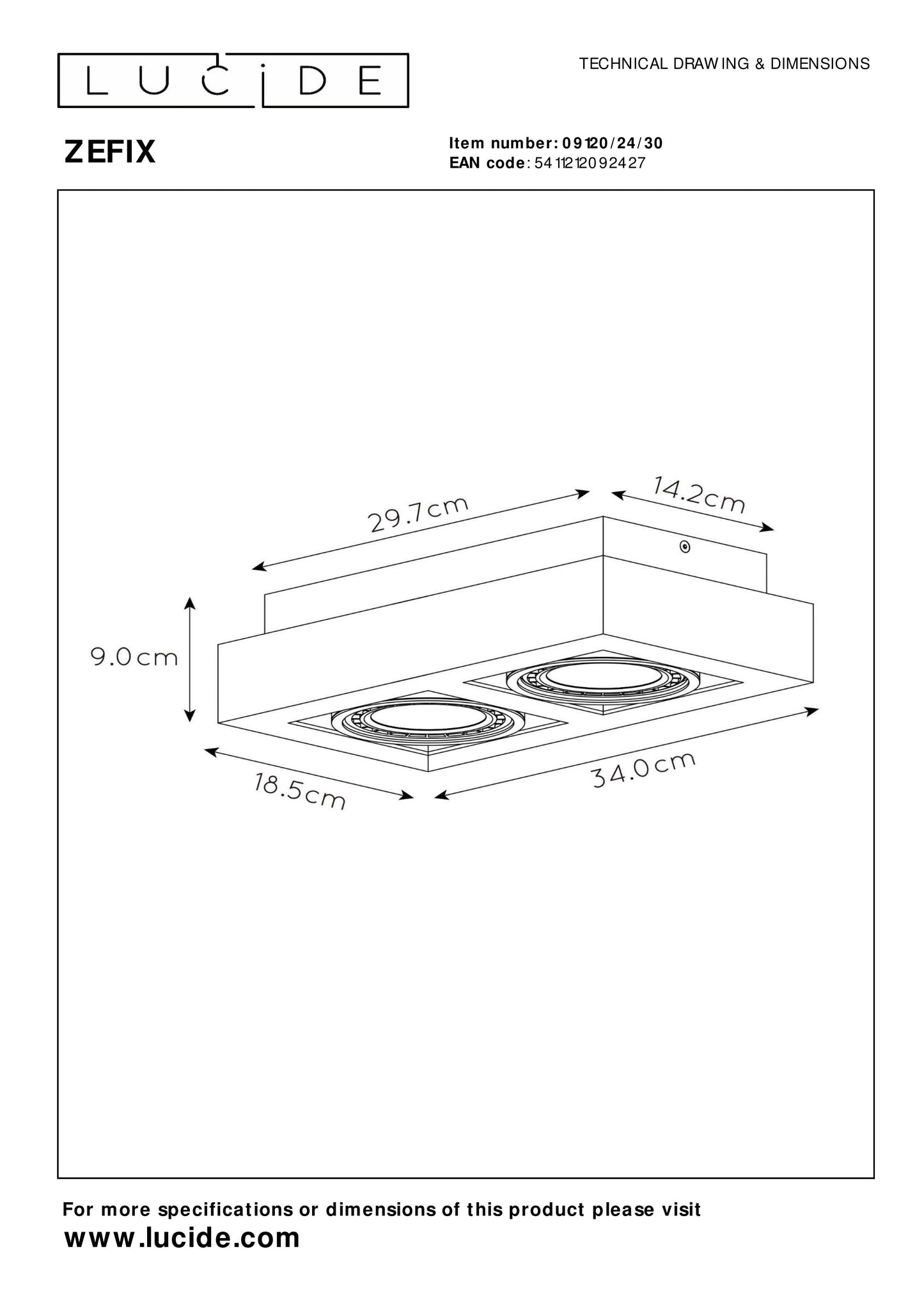 Lucide ZEFIX - Ceiling spotlight - LED Dim to warm - GU10 (ES111) - 2x12W 2200K/3000K - Black