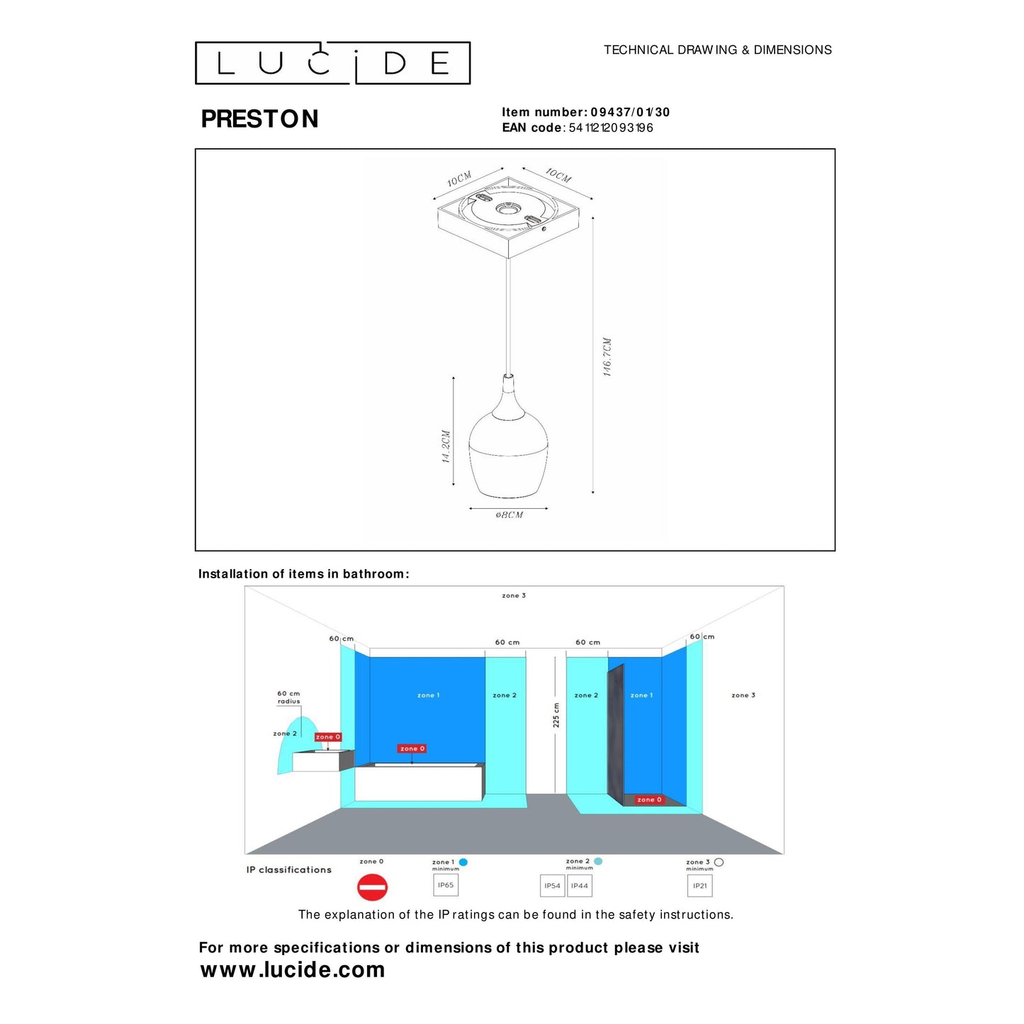 Lucide PRESTON - Pendant light Bathroom - Ø 10 cm - 1xGU10 - IP44 - Black