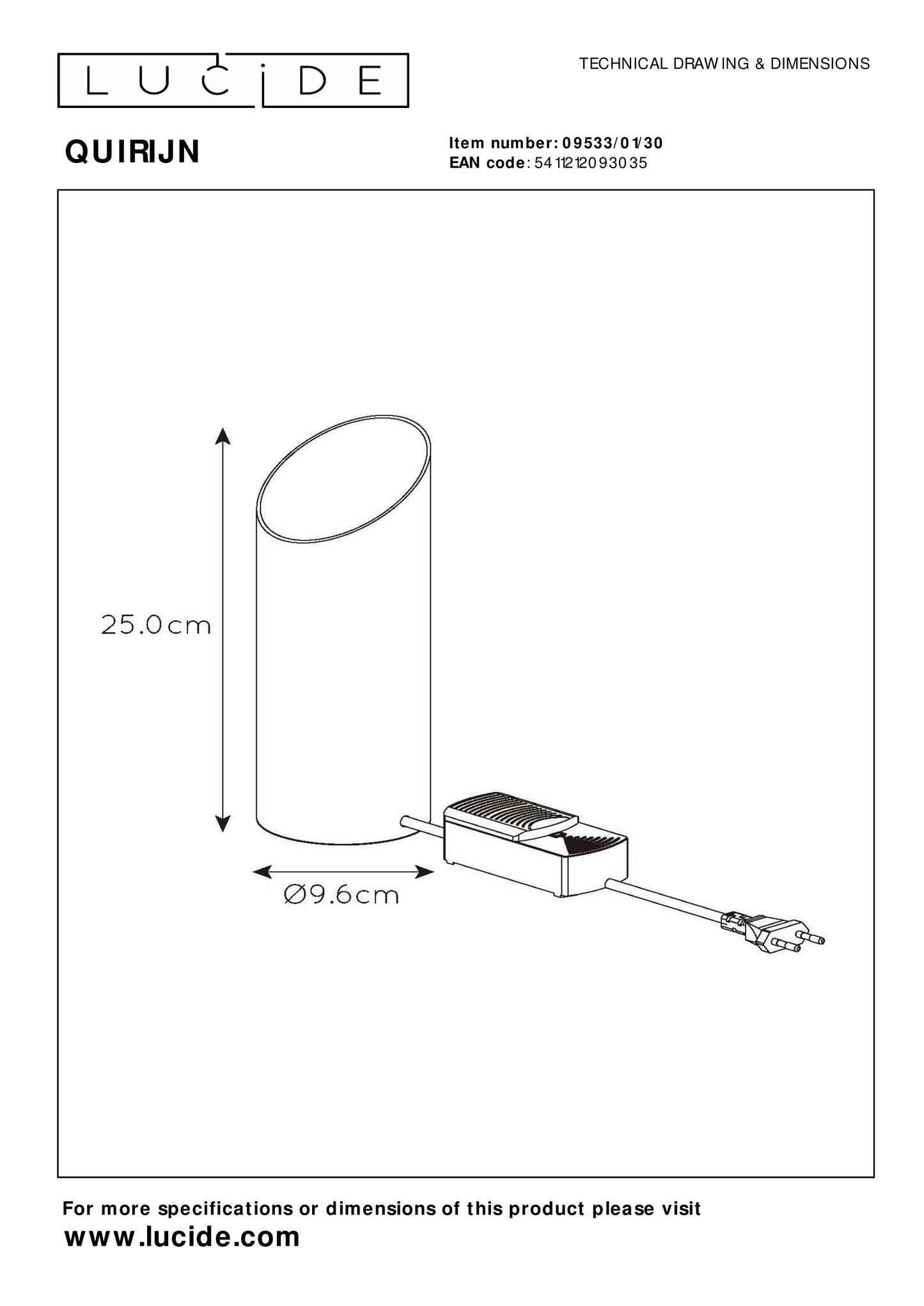 Lucide QUIRIJN - Table lamp - Ø 9,6 cm - 1xE27 - Black