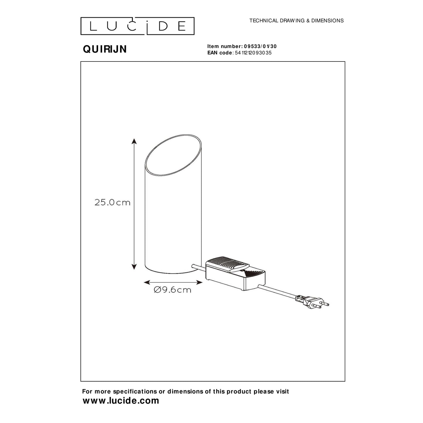 Lucide QUIRIJN - Table lamp - Ø 9,6 cm - 1xE27 - Black