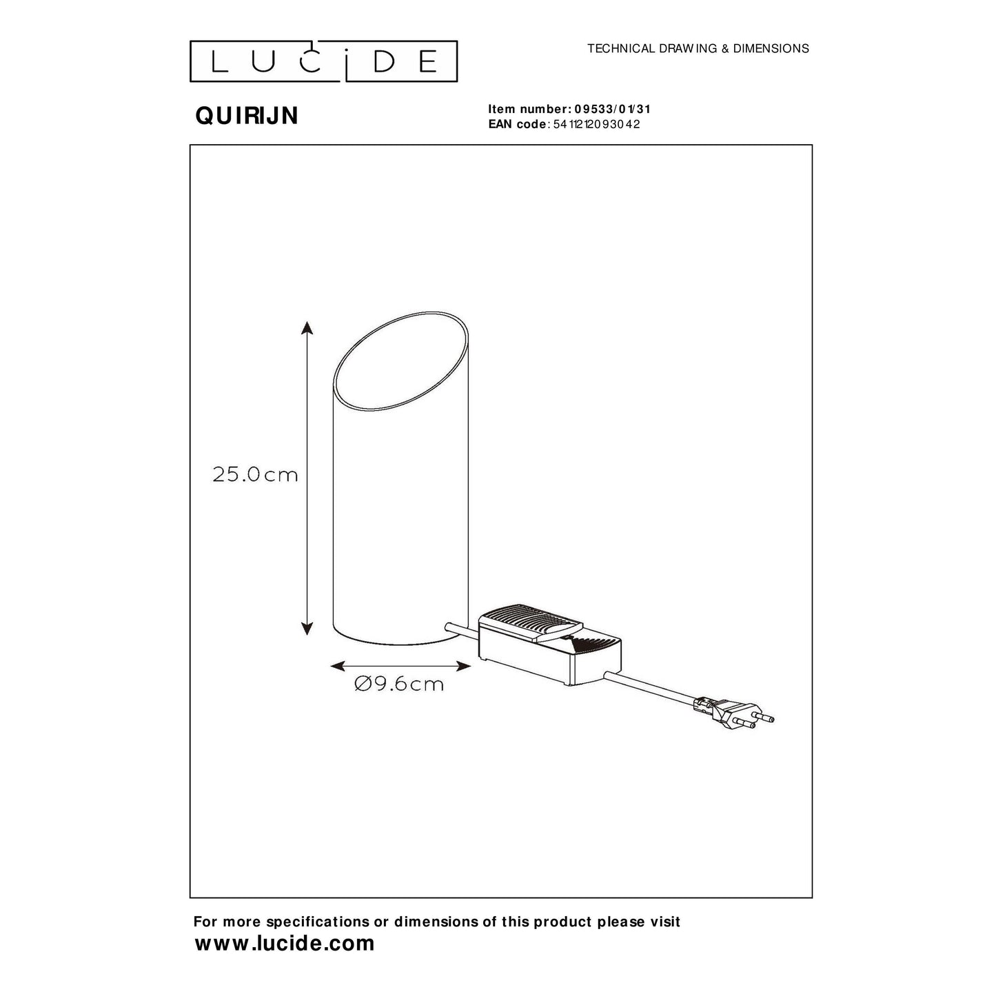 Lucide QUIRIJN - Table lamp - Ø 9,6 cm - 1xE27 - White