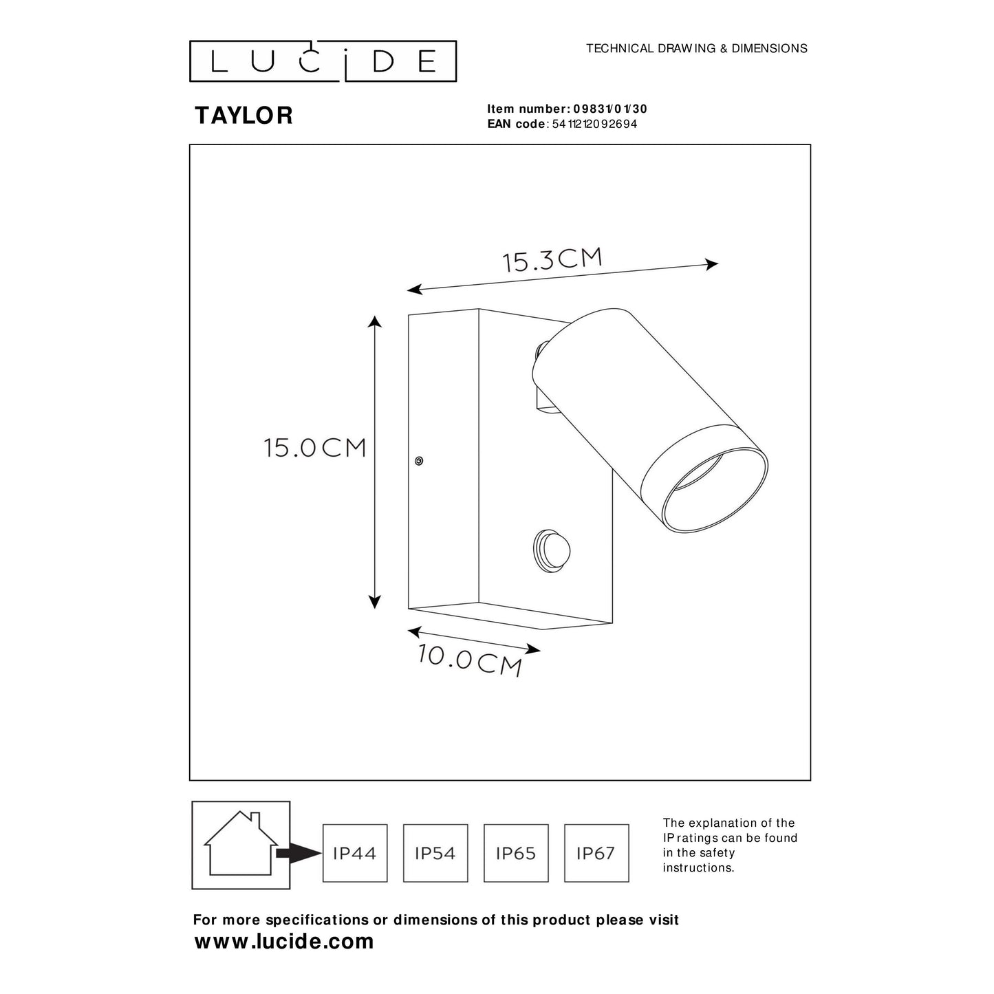 Lucide TAYLOR - Wall spotlight / Wall light Indoor/Outdoor - 1xGU10 - IP54 - Motion & Day/Night Sensor - Black