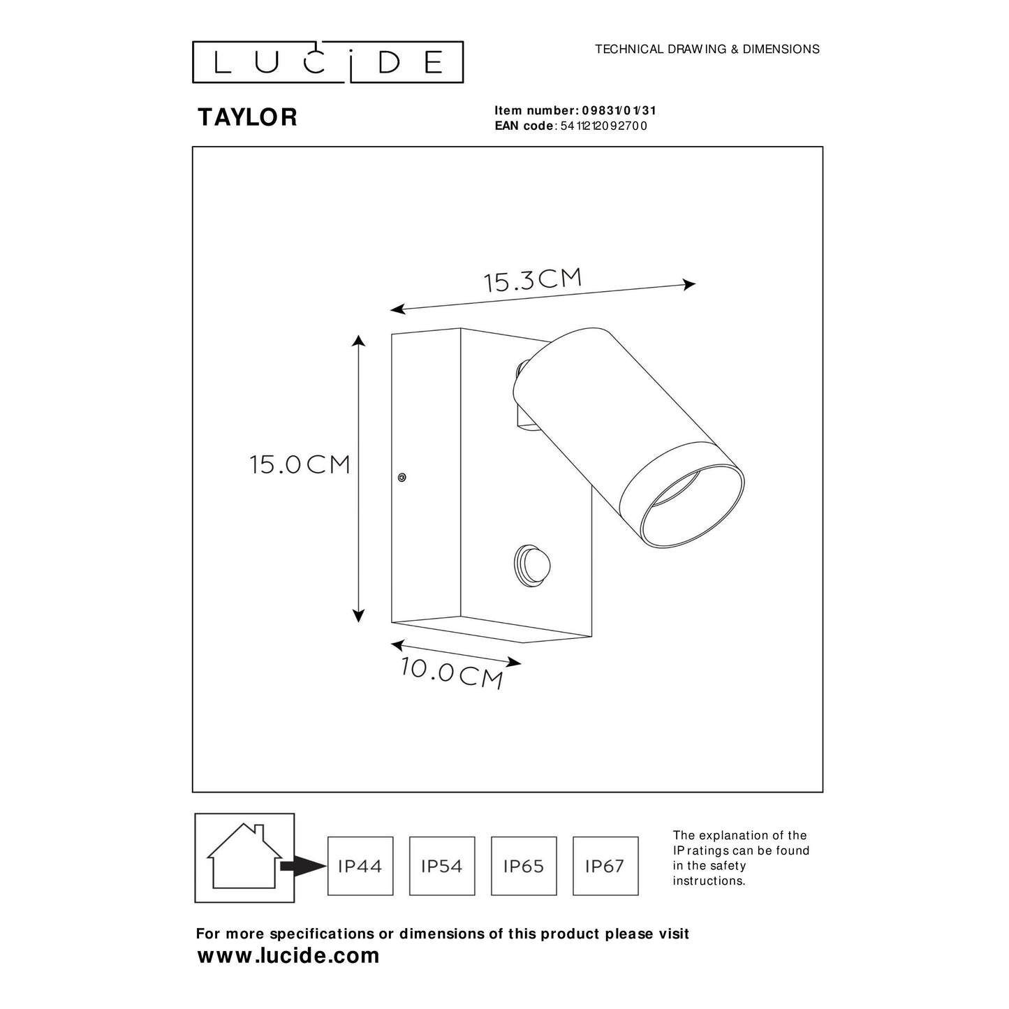 Lucide TAYLOR - Wall spotlight / Wall light Indoor/Outdoor - 1xGU10 - IP54 - Motion & Day/Night Sensor - White