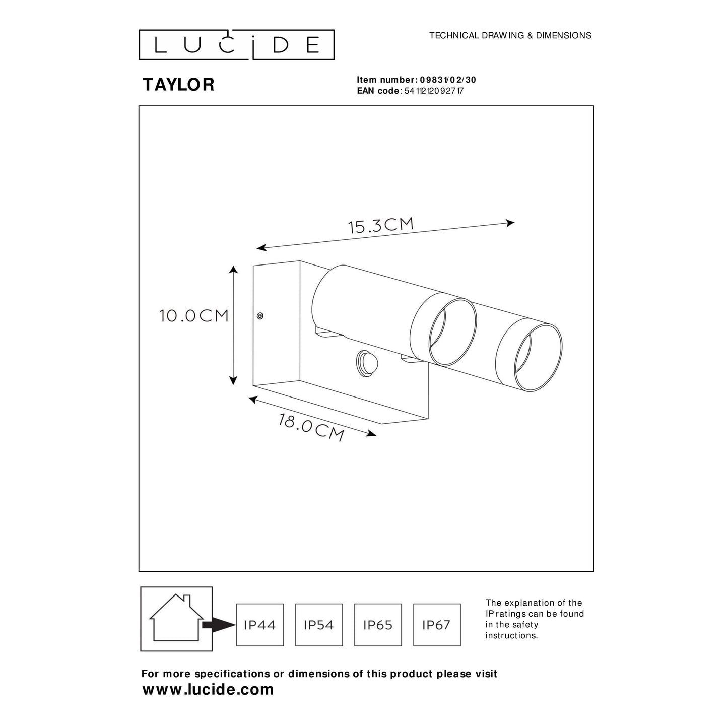 Lucide TAYLOR - Wall spotlight / Wall light Indoor/Outdoor - 2xGU10 - IP54 - Motion & Day/Night Sensor - Black