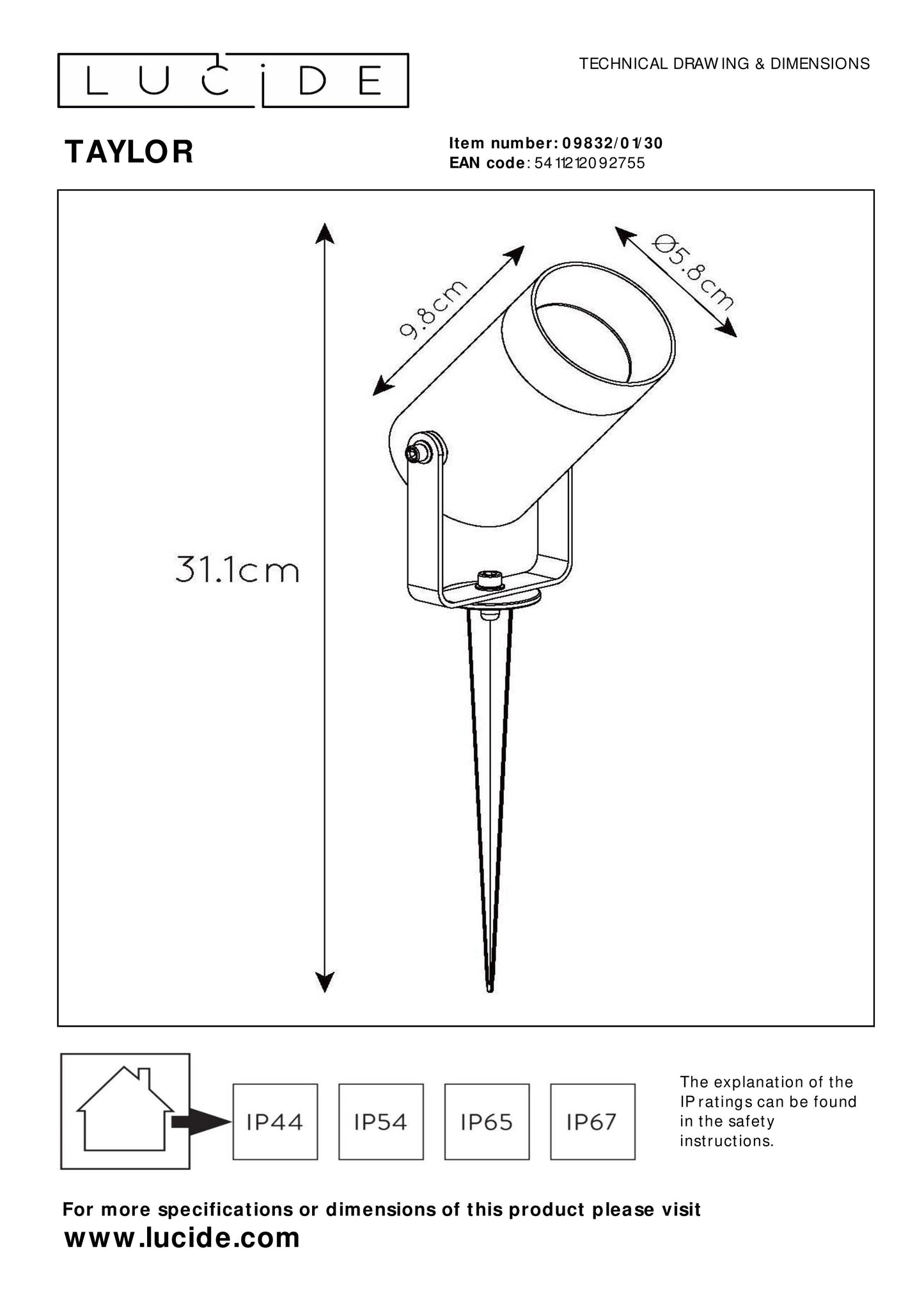 Lucide TAYLOR - Garden spotlight - Ø 10 cm - 1xGU10 - IP65 - Black