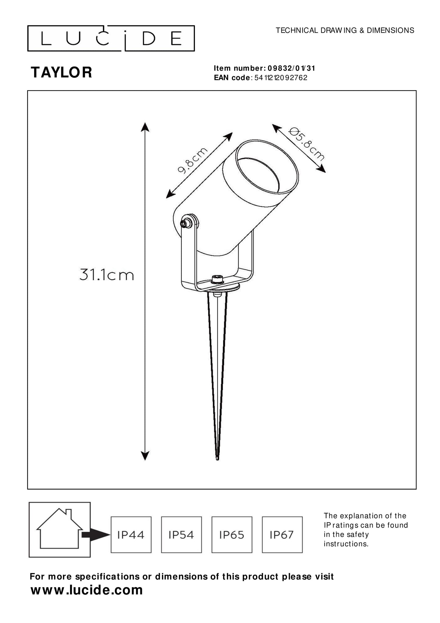 Lucide TAYLOR - Garden spotlight - Ø 10 cm - 1xGU10 - IP65 - White