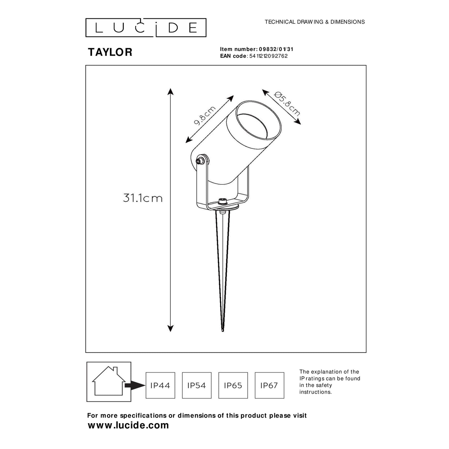 Lucide TAYLOR - Garden spotlight - Ø 10 cm - 1xGU10 - IP65 - White