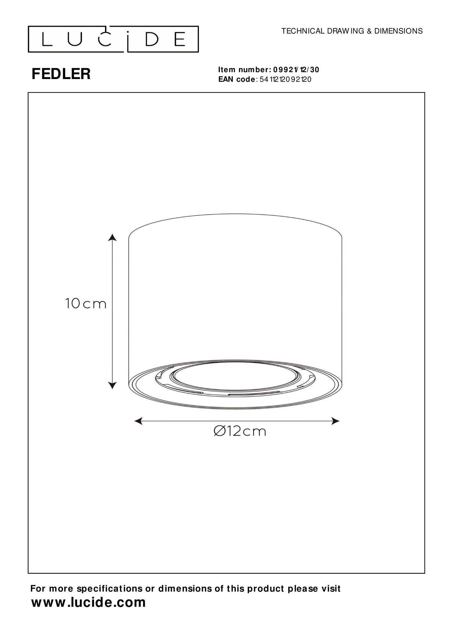 Lucide FEDLER - Ceiling spotlight - Ø 12 cm - LED Dim to warm - GU10 (ES111) - 1x12W 2200K/3000K - Black