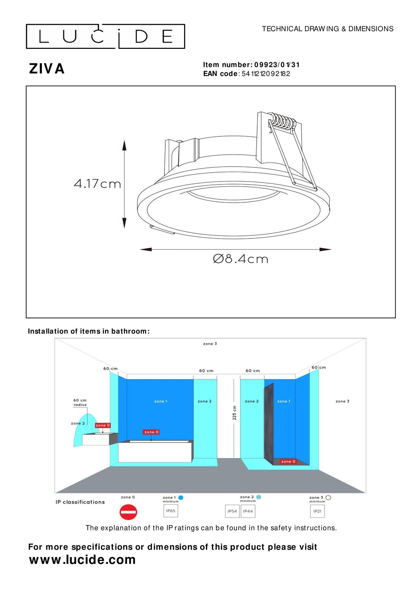 Lucide ZIVA - Recessed spotlight Bathroom - Ø 8,5 cm - 1xGU10 - IP44 - White