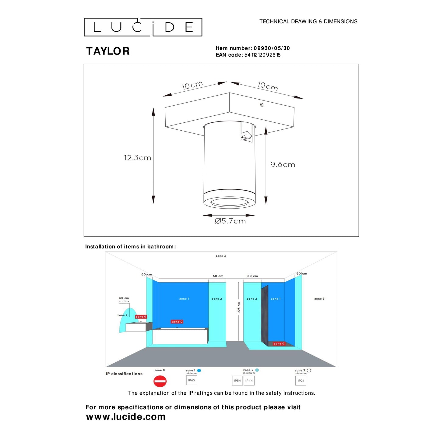 Lucide TAYLOR - Ceiling spotlight Bathroom - LED Dim to warm - GU10 - 1x5W 2200K/3000K - IP44 - Black