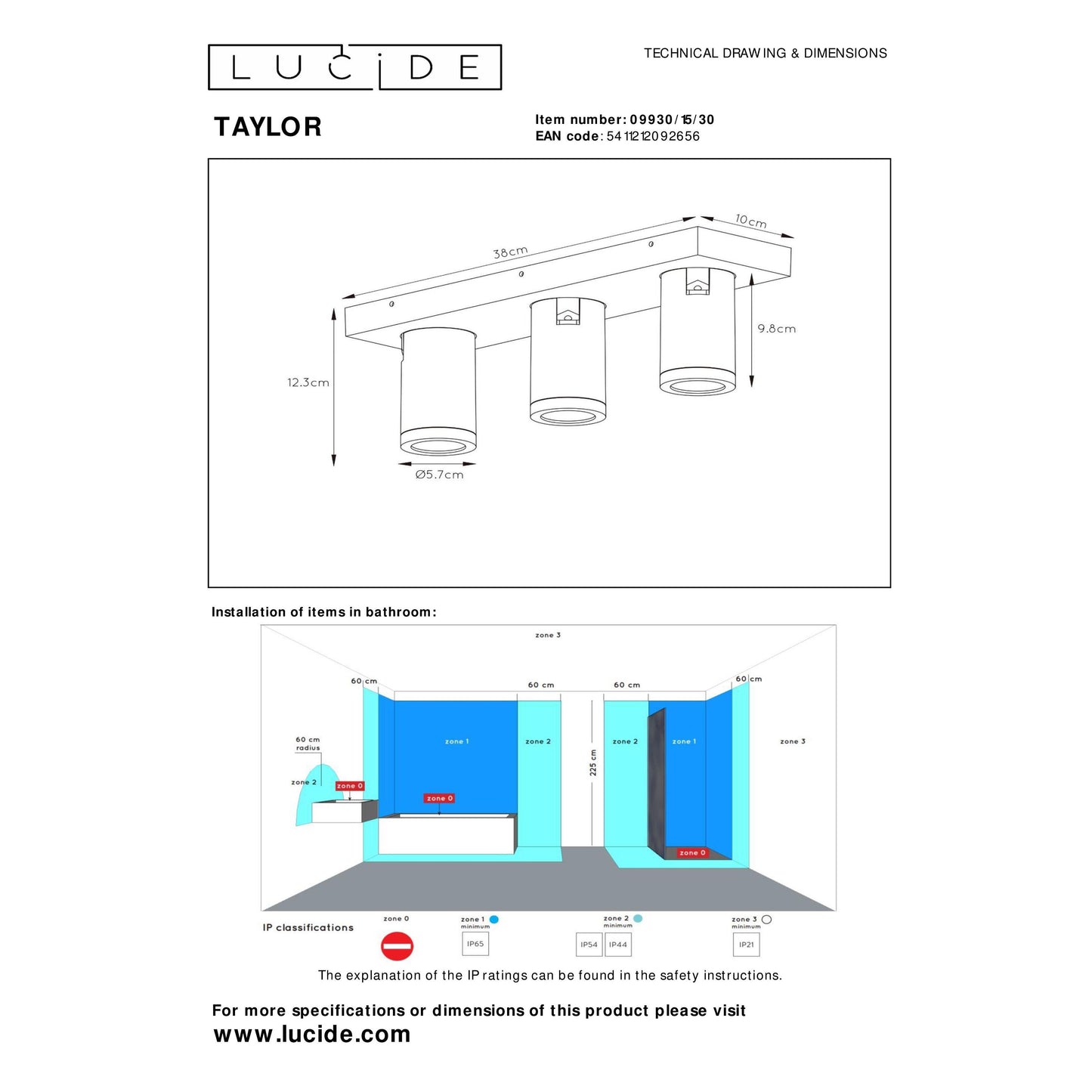 Lucide TAYLOR - Ceiling spotlight Bathroom - LED Dim to warm - GU10 - 3x5W 2200K/3000K - IP44 - Black