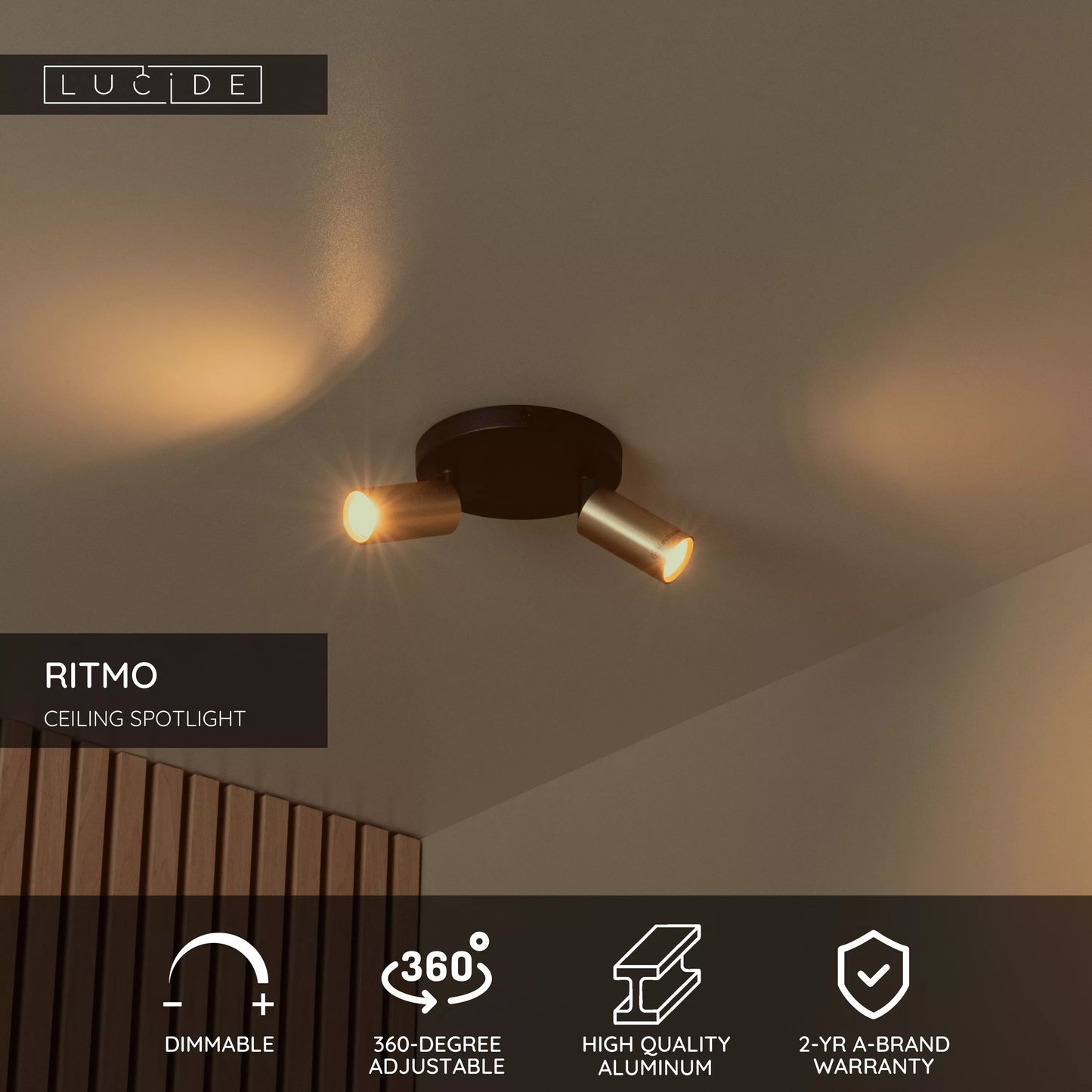 Lucide RITMO - Ceiling spotlight - Ø 15 cm - 2xGU10 (MR11) - Matt Gold / Brass