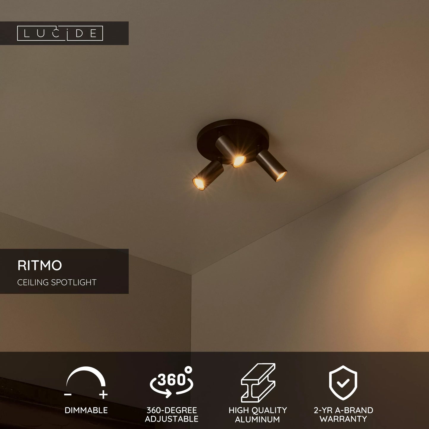 Lucide RITMO - Ceiling spotlight - Ø 18 cm - 3xGU10 (MR11) - Coffee