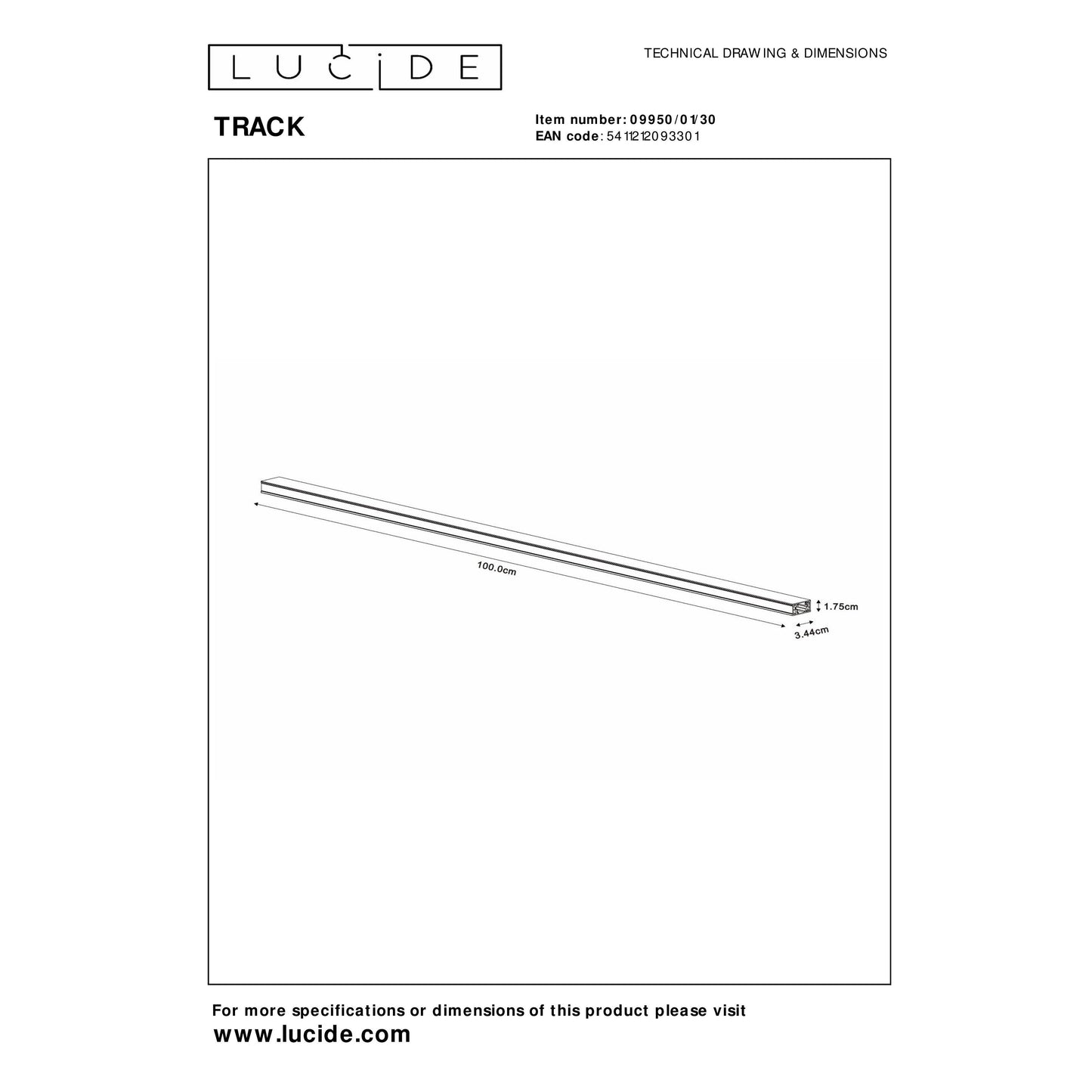Lucide TRACK Track - 1-circuit Track lighting system - 1 meter - Black (Extension)