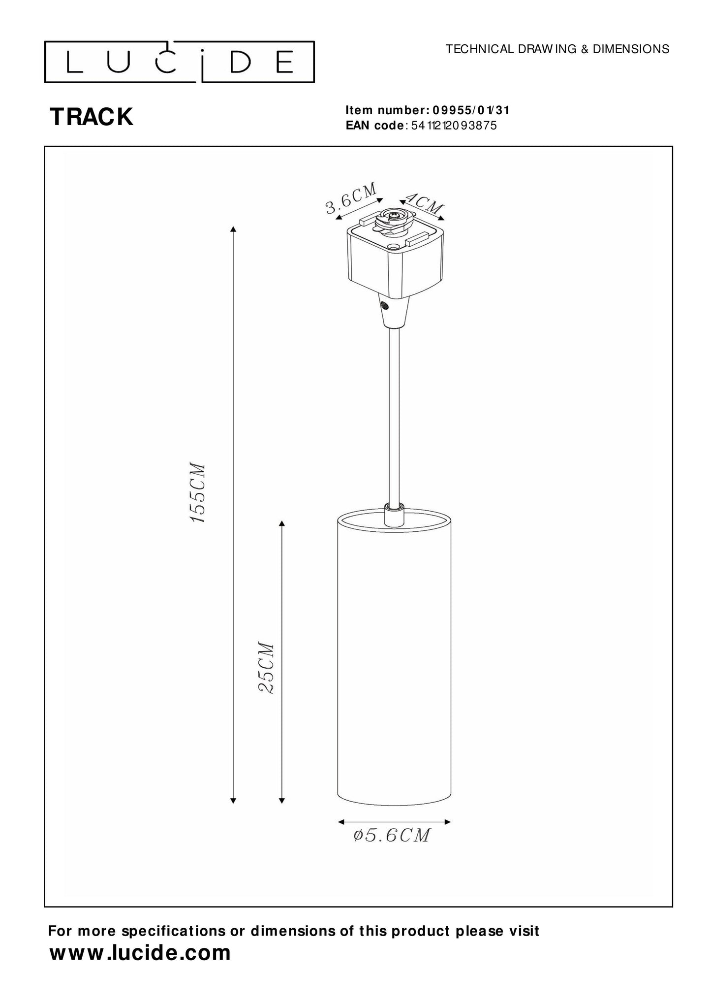 Lucide TRACK FLORIS pendant - 1-circuit Track lighting system - 1xGU10 - White (Extension)