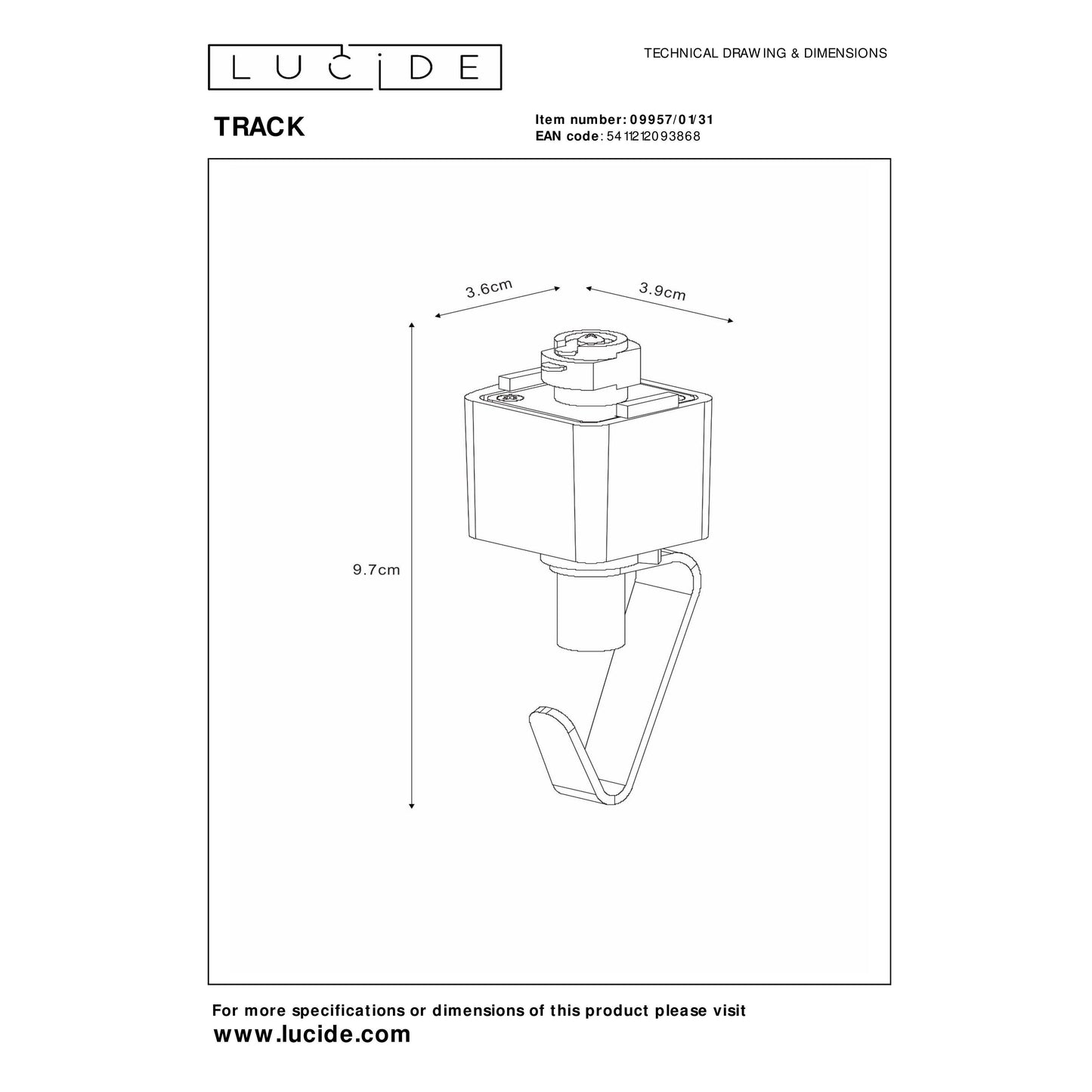 Lucide TRACK Pendant adapter - 1-circuit Track lighting system - White (Extension)