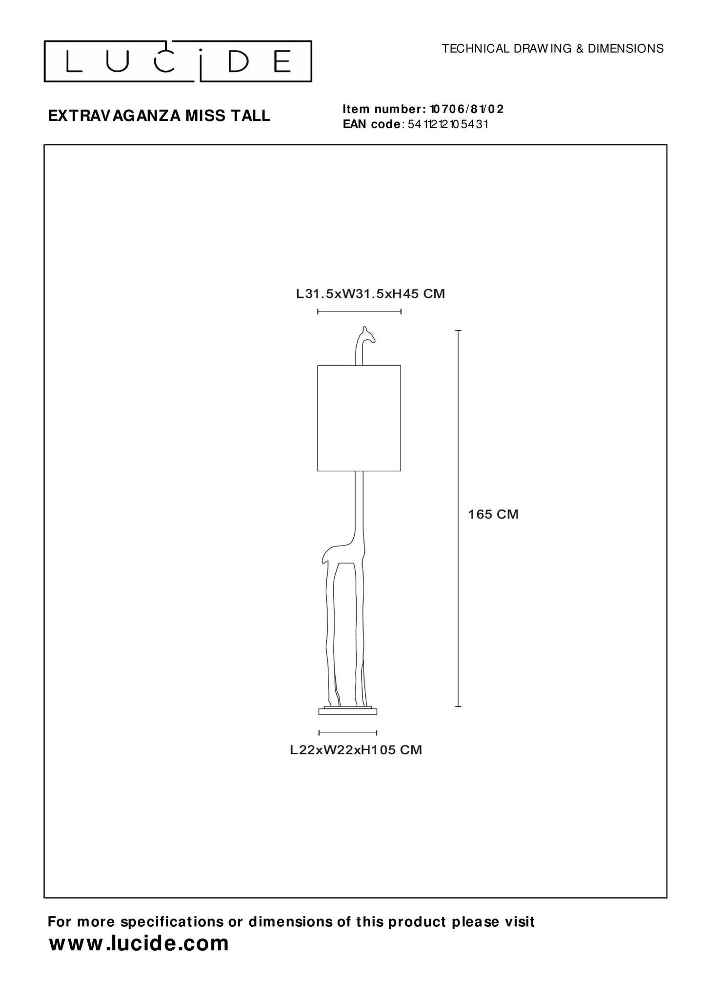 Lucide EXTRAVAGANZA MISS TALL - Floor lamp - Ø 31,5 cm - 1xE27 - Matt Gold / Brass