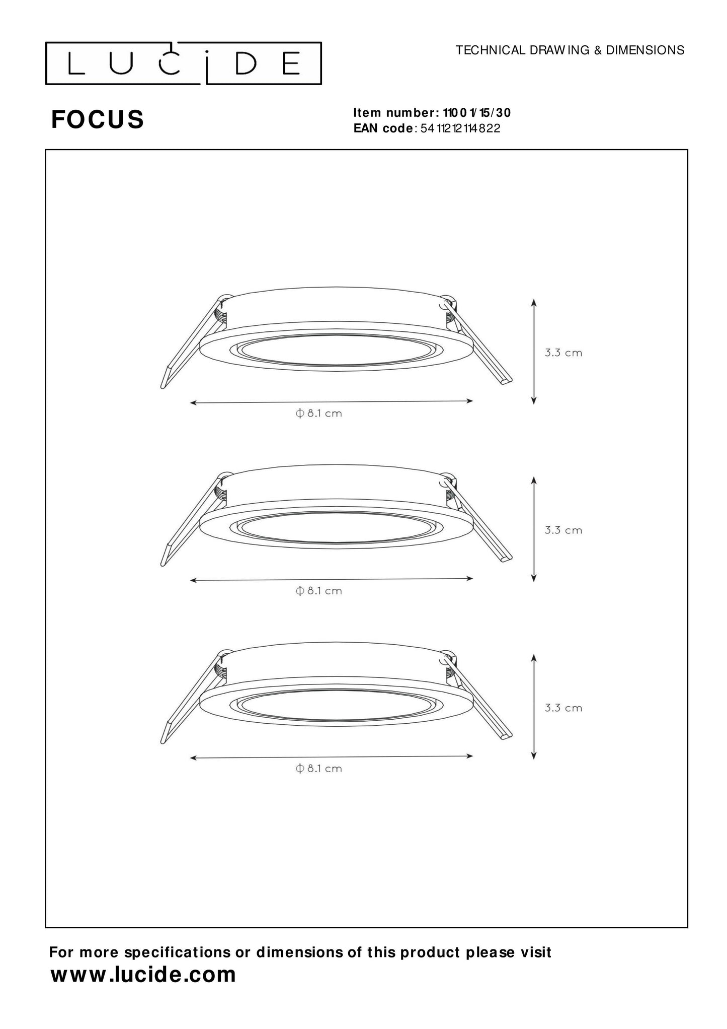 Lucide FOCUS - Recessed spotlight - Ø 8,1 cm - LED Dim. - GU10 - 3x5W 3000K - Black - Set of 3