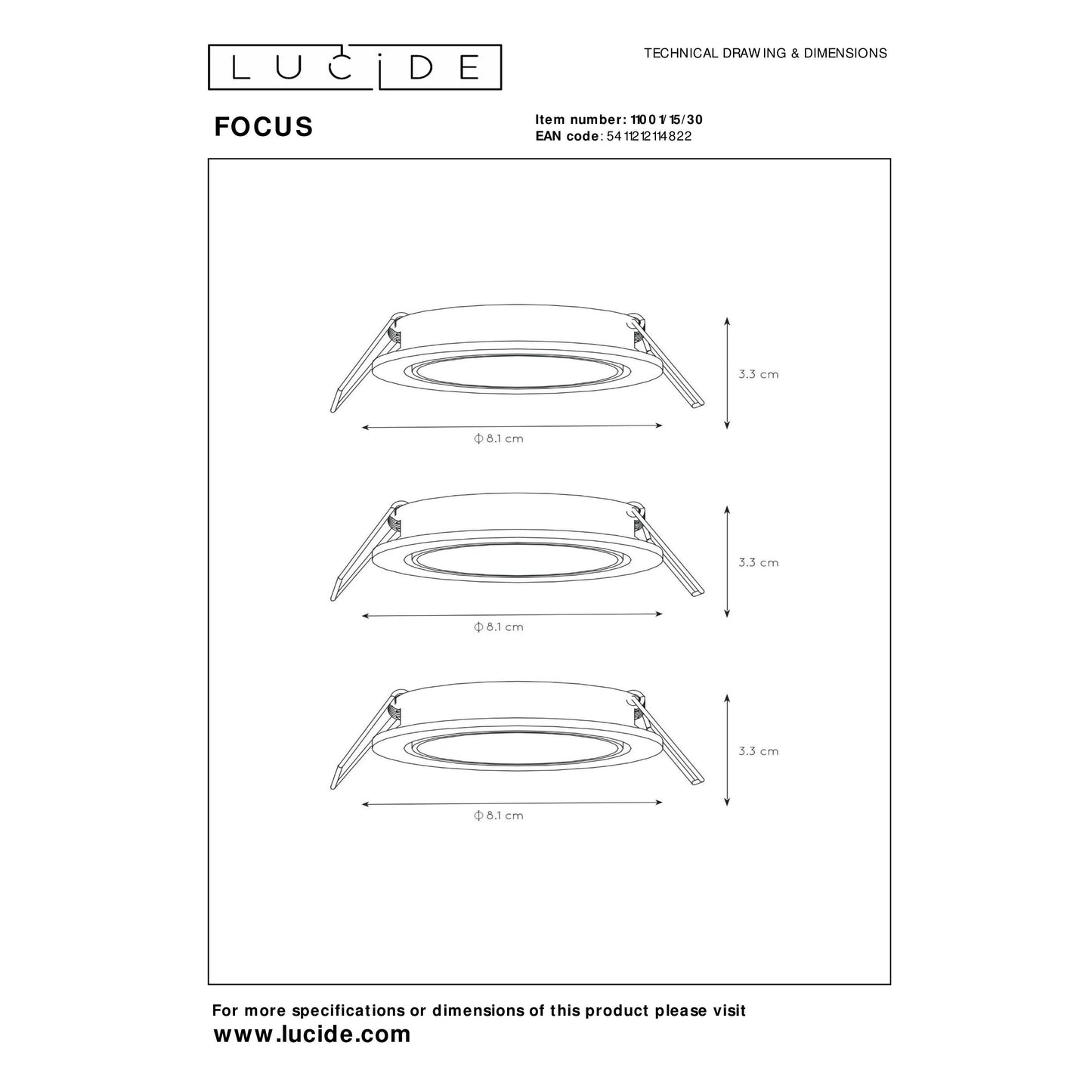 Lucide FOCUS - Recessed spotlight - Ø 8,1 cm - LED Dim. - GU10 - 3x5W 3000K - Black - Set of 3