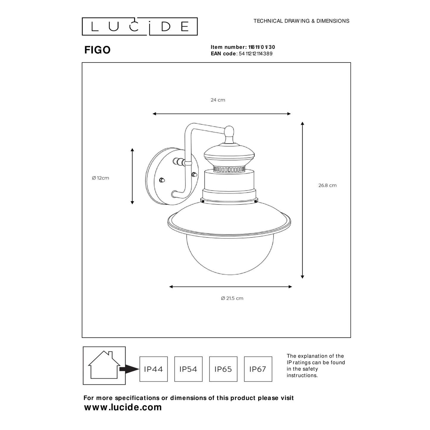 Lucide FIGO - Wall light Indoor/Outdoor - 1xE27 - IP44 - Black