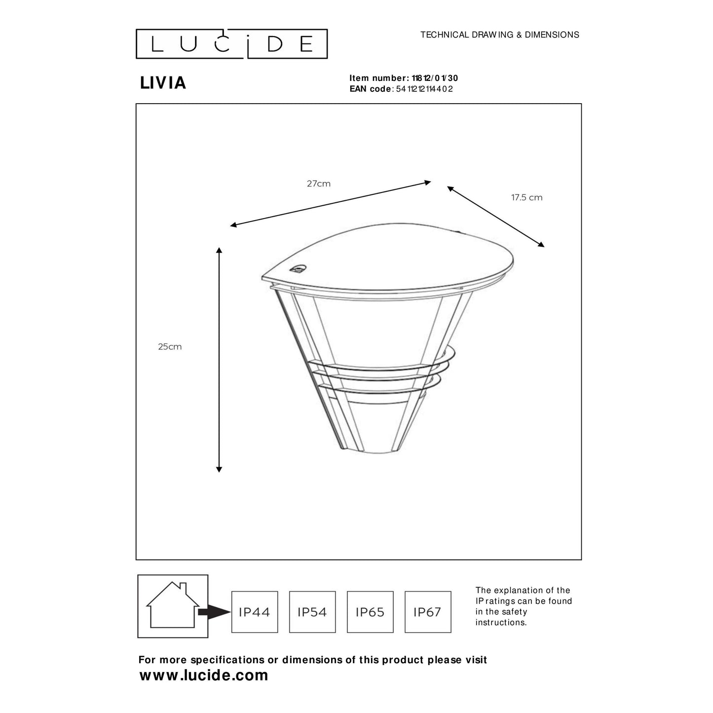 Lucide LIVIA - Wall light Indoor/Outdoor - 1xE27 - IP44 - Black