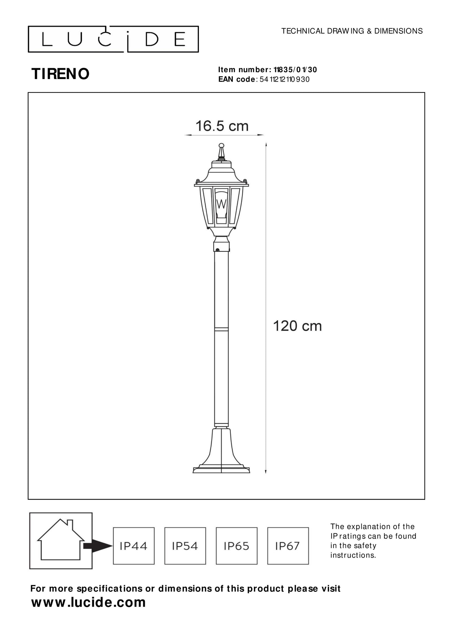 Lucide TIRENO - Lamp post - 1xE27 - IP44 - Black