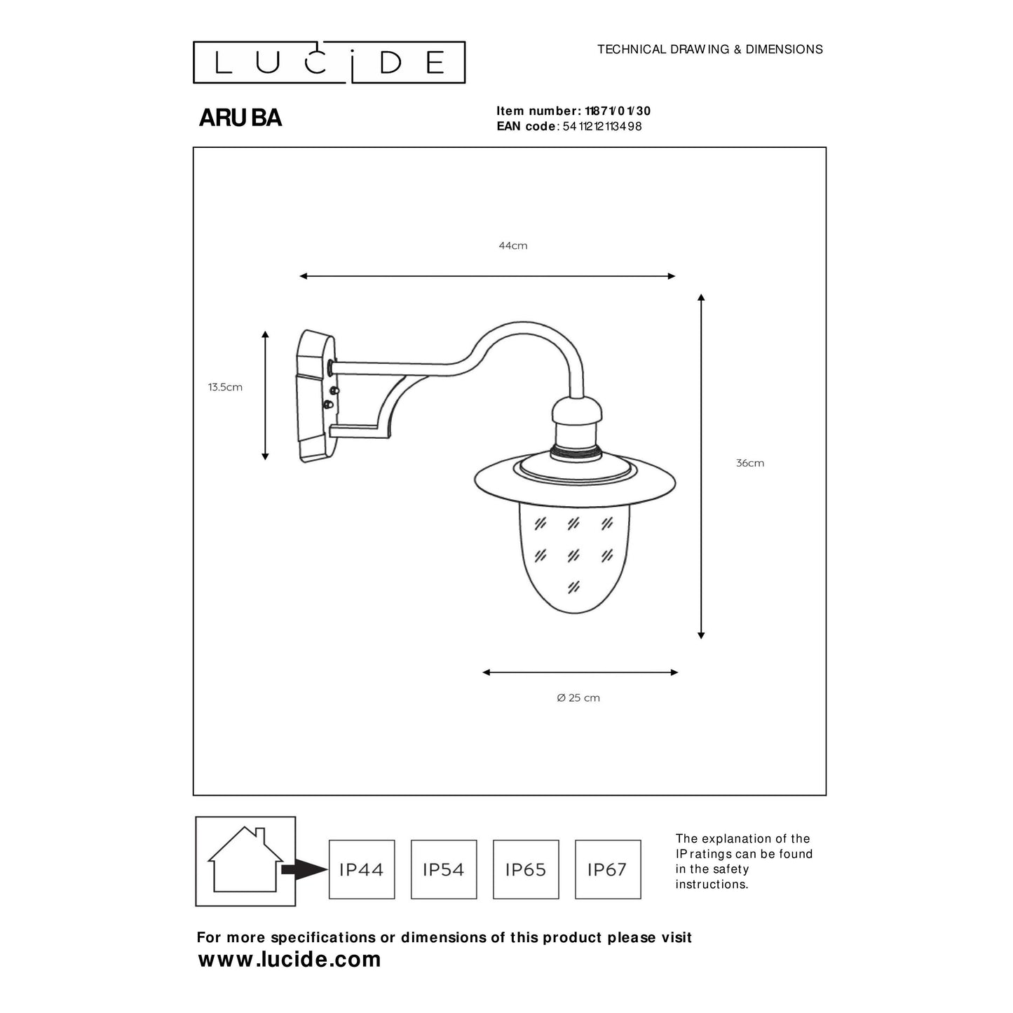 Lucide ARUBA - Wall light Indoor/Outdoor - 1xE27 - IP44 - Black