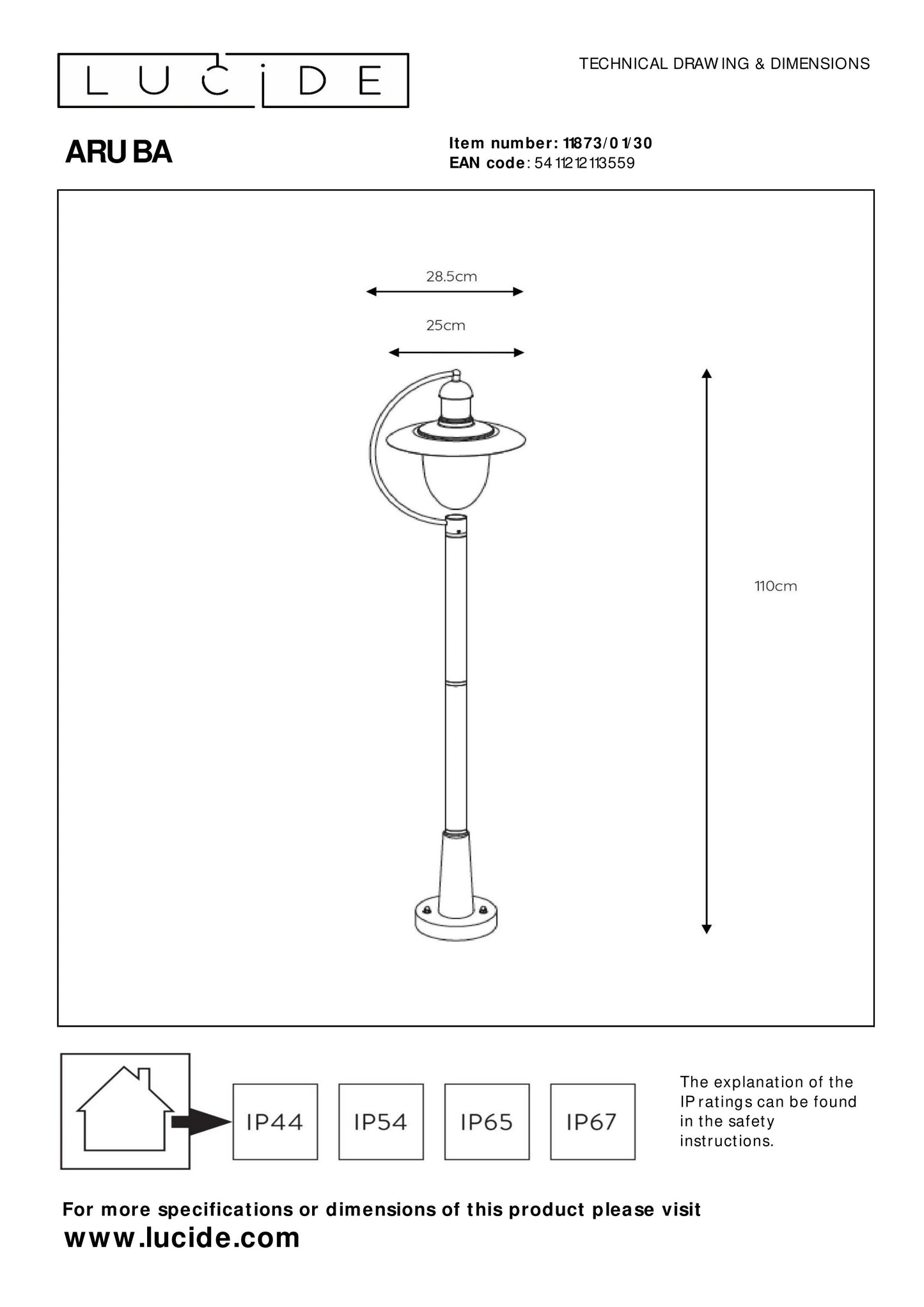 Lucide ARUBA - Lamp post - 1xE27 - IP44 - Black