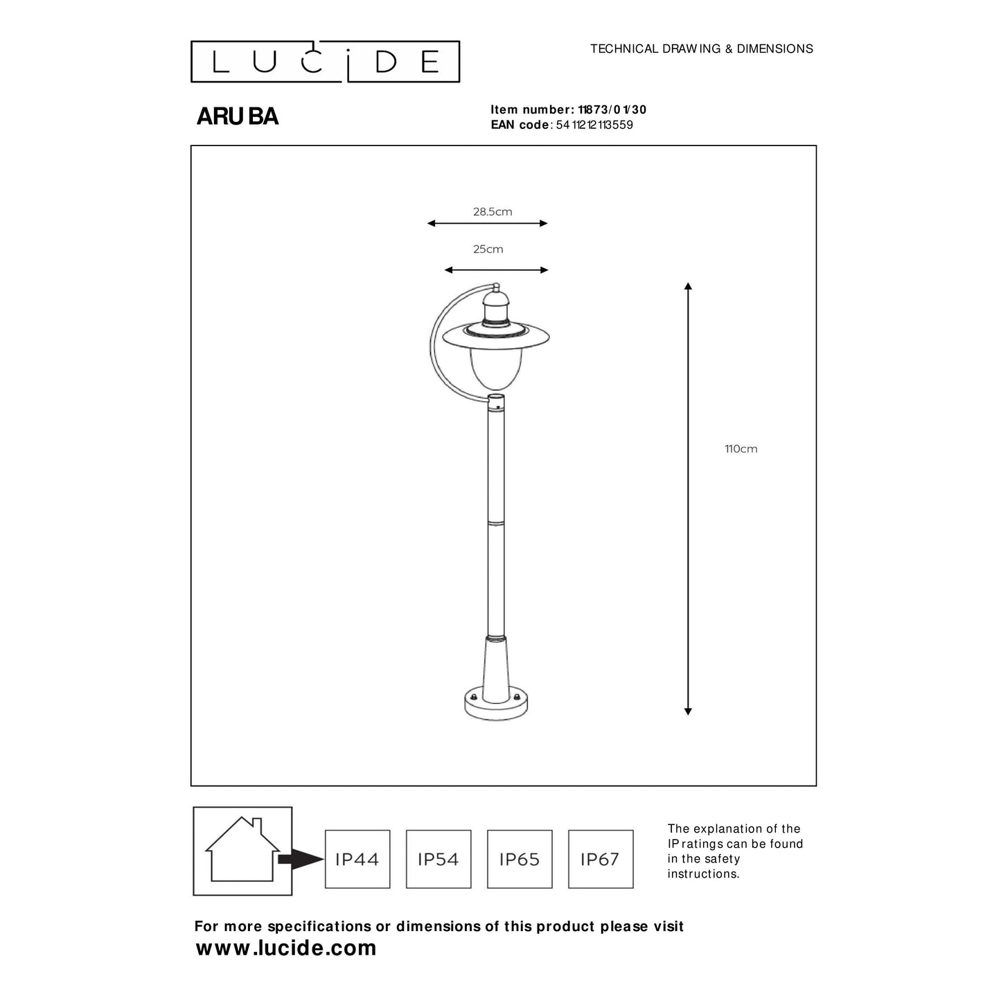 Lucide ARUBA - Lamp post - 1xE27 - IP44 - Black