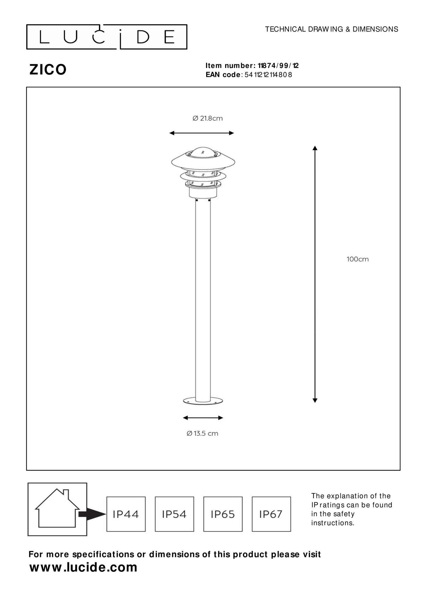 Lucide ZICO - Lamp post - Ø 21,8 cm - 1xE27 - IP44 - Satin Chrome