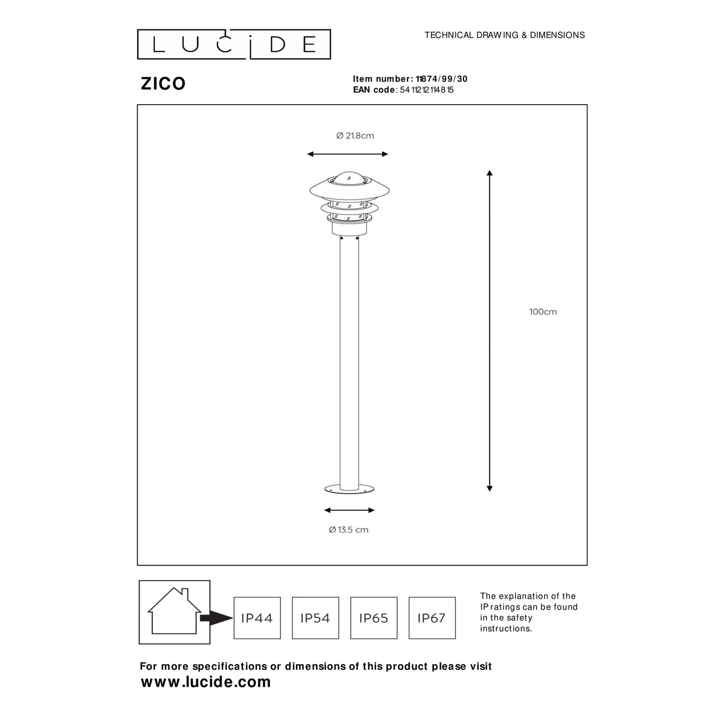 Lucide ZICO - Lamp post - Ø 21,8 cm - 1xE27 - IP44 - Black