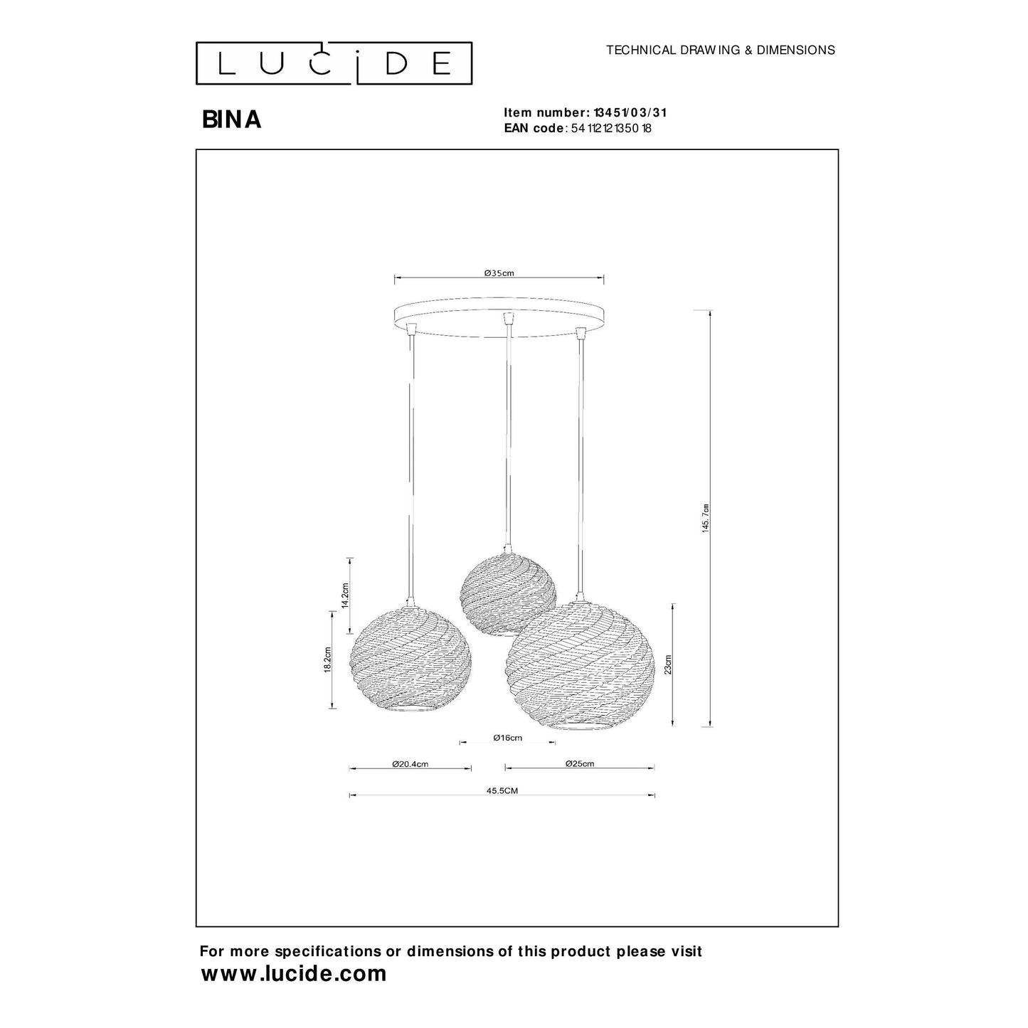 Lucide BINA - Pendant light - Ø 40 cm - 3xE27 - White