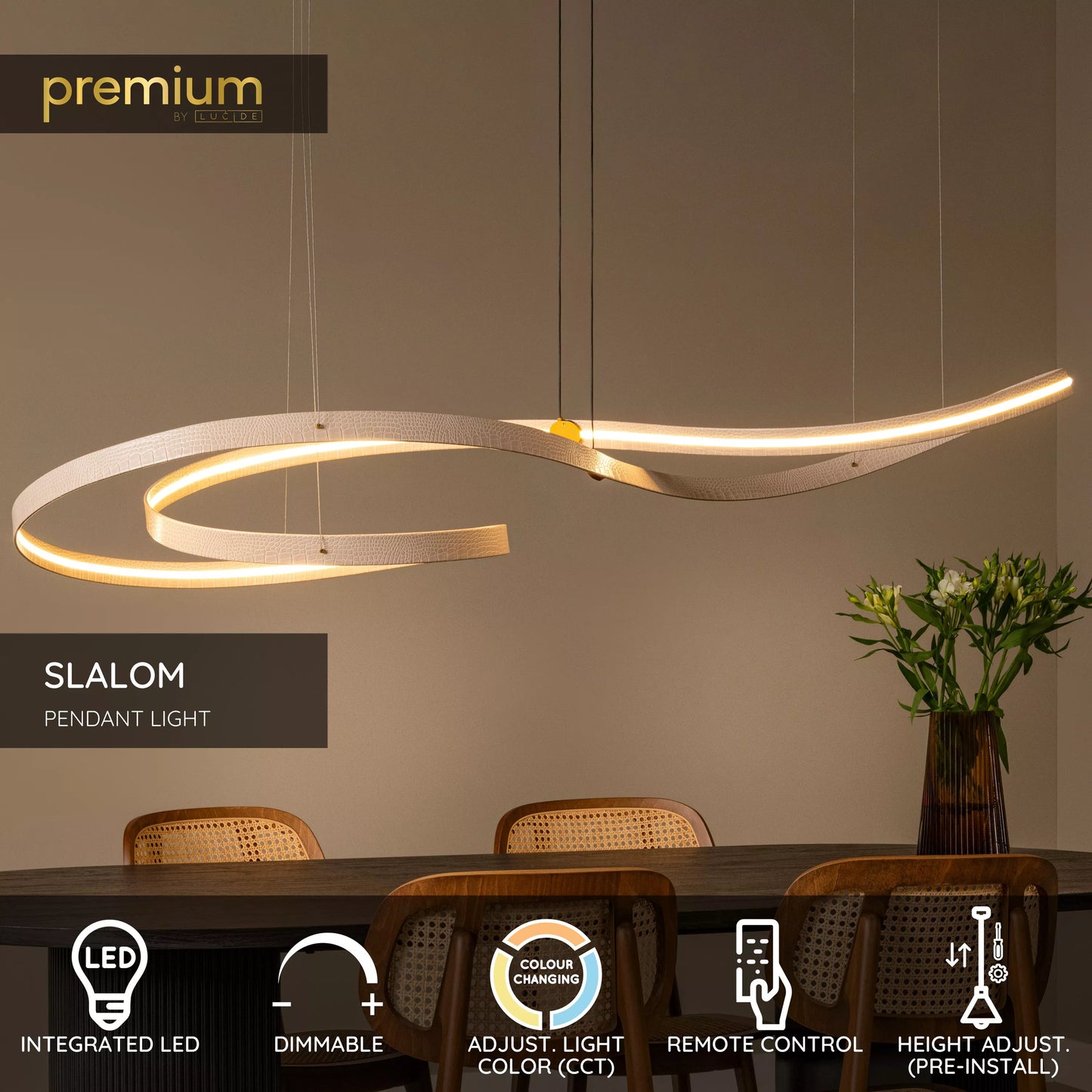 Lucide SLALOM - Pendant light - LED Dim. - CCT - 1x80W 2200K/4000K - Cream | Premium