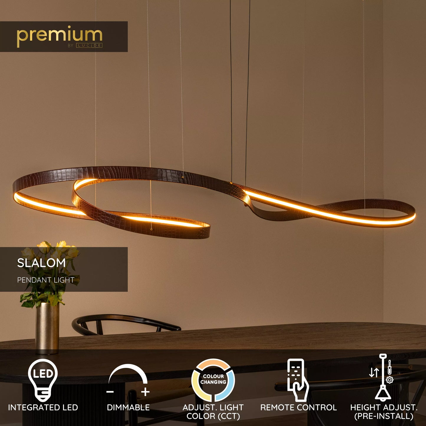 Lucide SLALOM - Pendant light - LED Dim. - CCT - 1x80W 2200K/4000K - Coffee | Premium