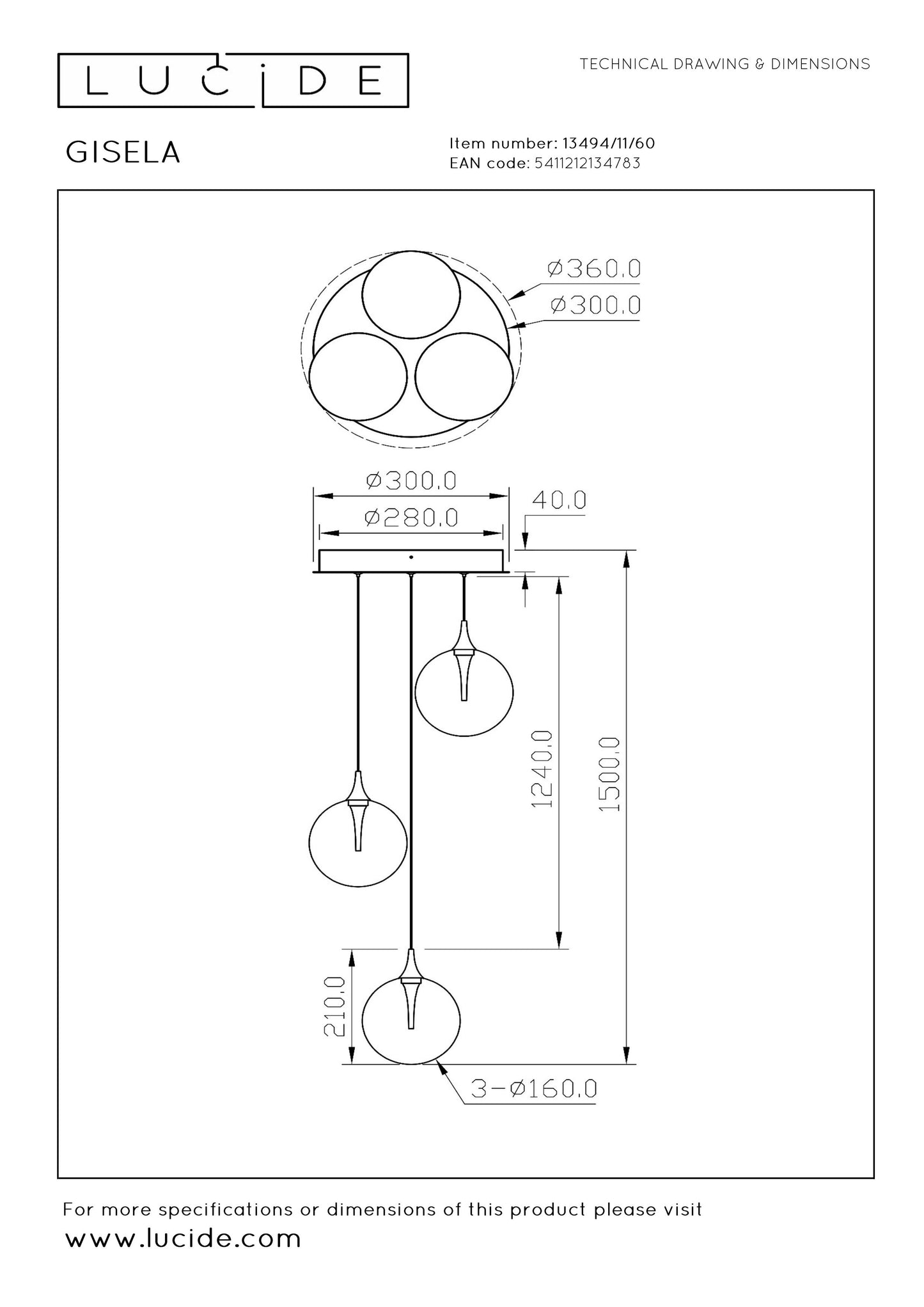 Lucide GISELA - Pendant light - Ø 36 cm - LED Dim. - 3x3,6W 2700K - Transparant