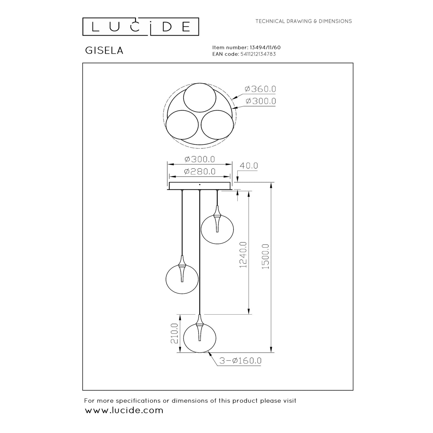 Lucide GISELA - Pendant light - Ø 36 cm - LED Dim. - 3x3,6W 2700K - Transparant