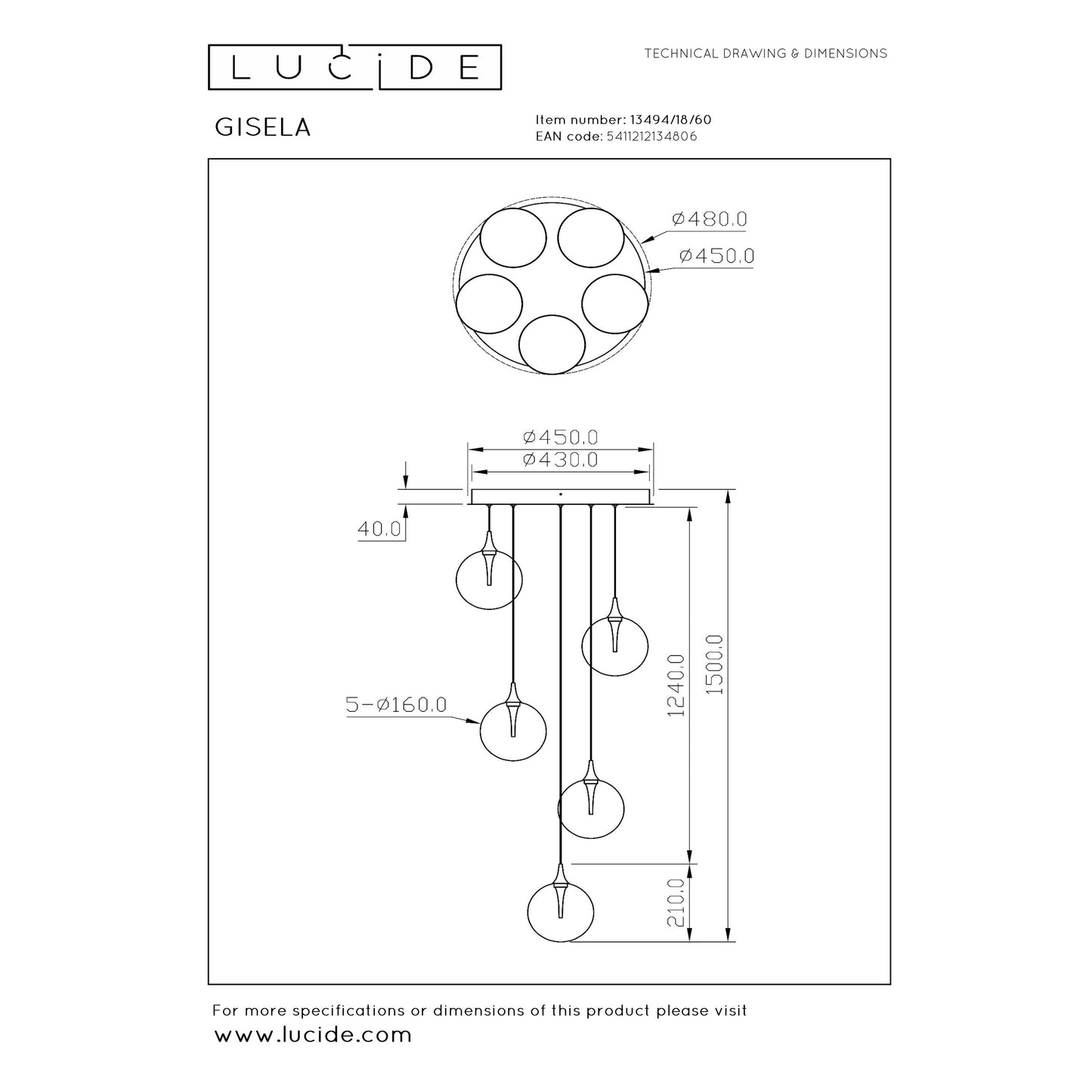 Lucide GISELA - Pendant light - Ø 48 cm - LED Dim. - 5x3,8W 2700K - Transparant