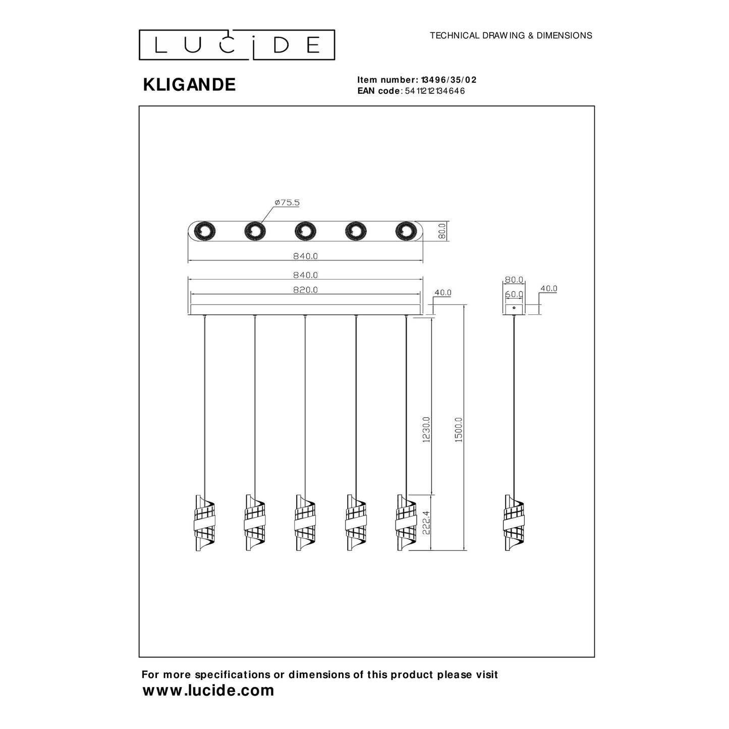 Lucide KLIGANDE - Pendant light - LED Dim. - 5x7,8W 2700K - Matt Gold / Brass