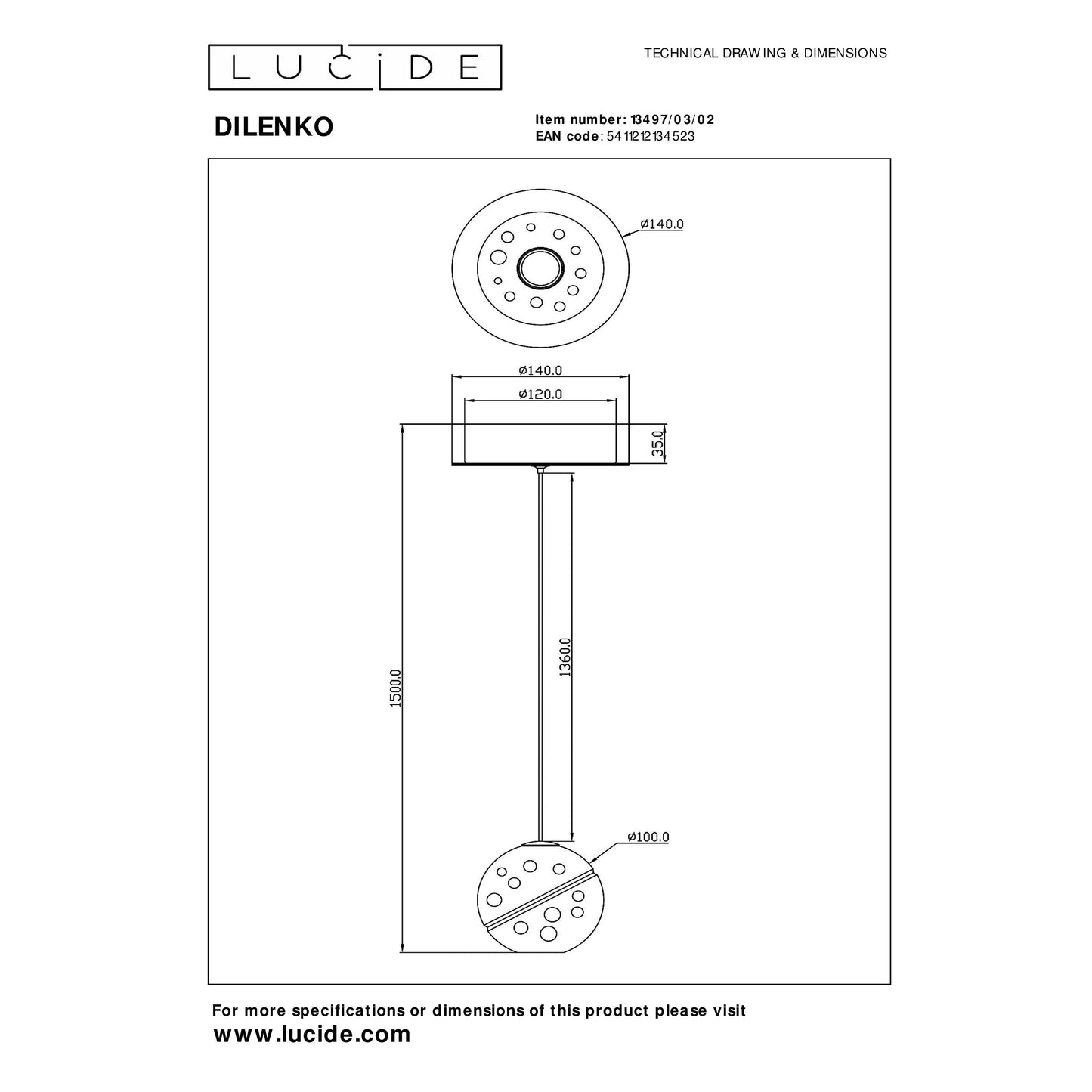 Lucide DILENKO - Pendant light - Ø 14 cm - LED - 1x4,2W 2700K - Matt Gold / Brass