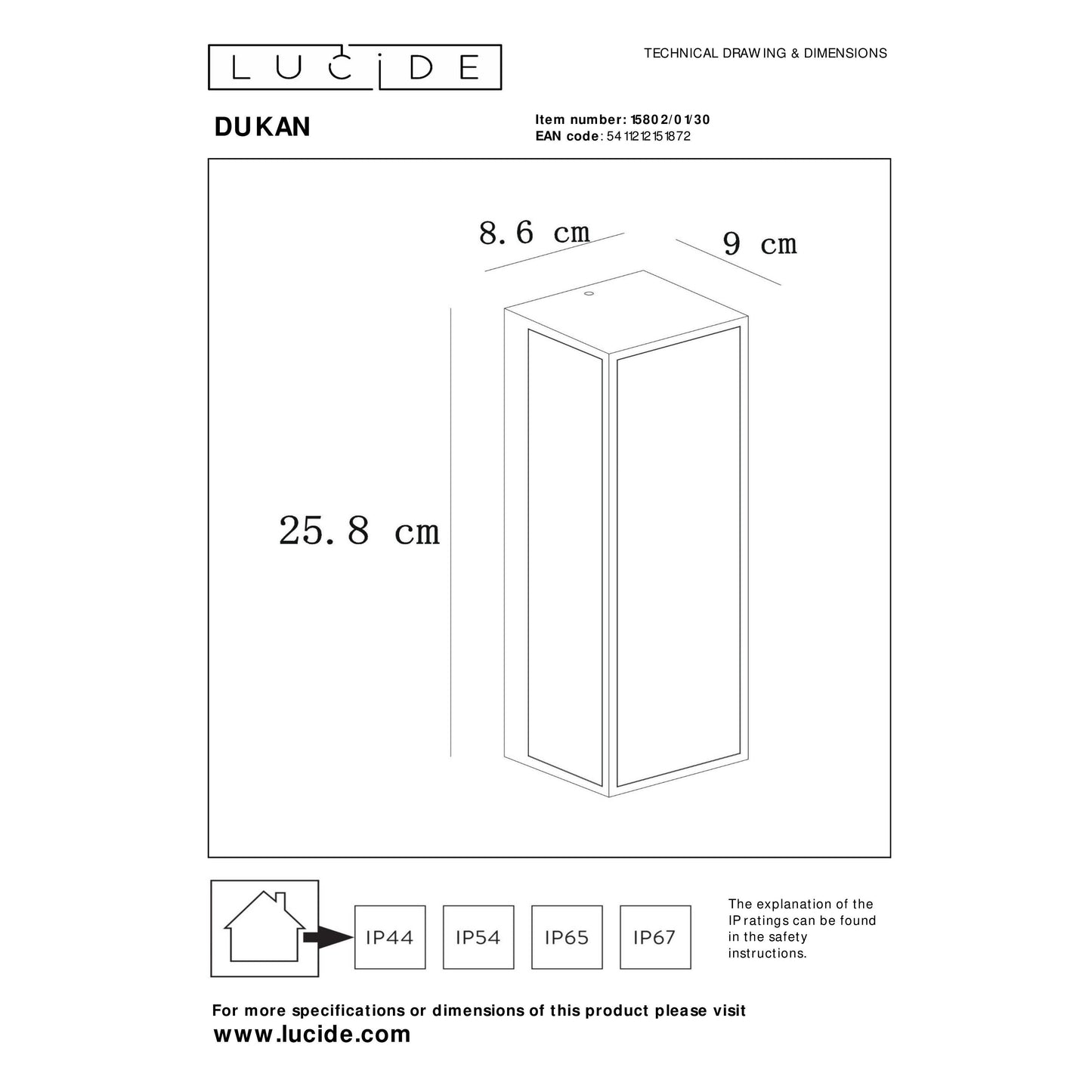 Lucide DUKAN - Wall light Indoor/Outdoor - 1xE27 - IP65 - Black