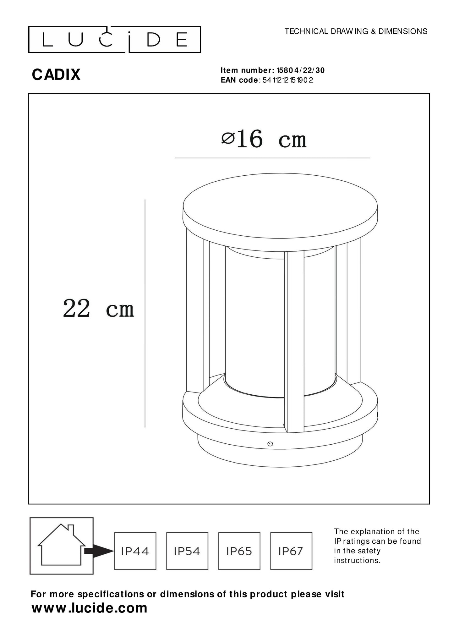 Lucide CADIX - Bollard light - Ø 16 cm - 1xE27 - IP65 - Black